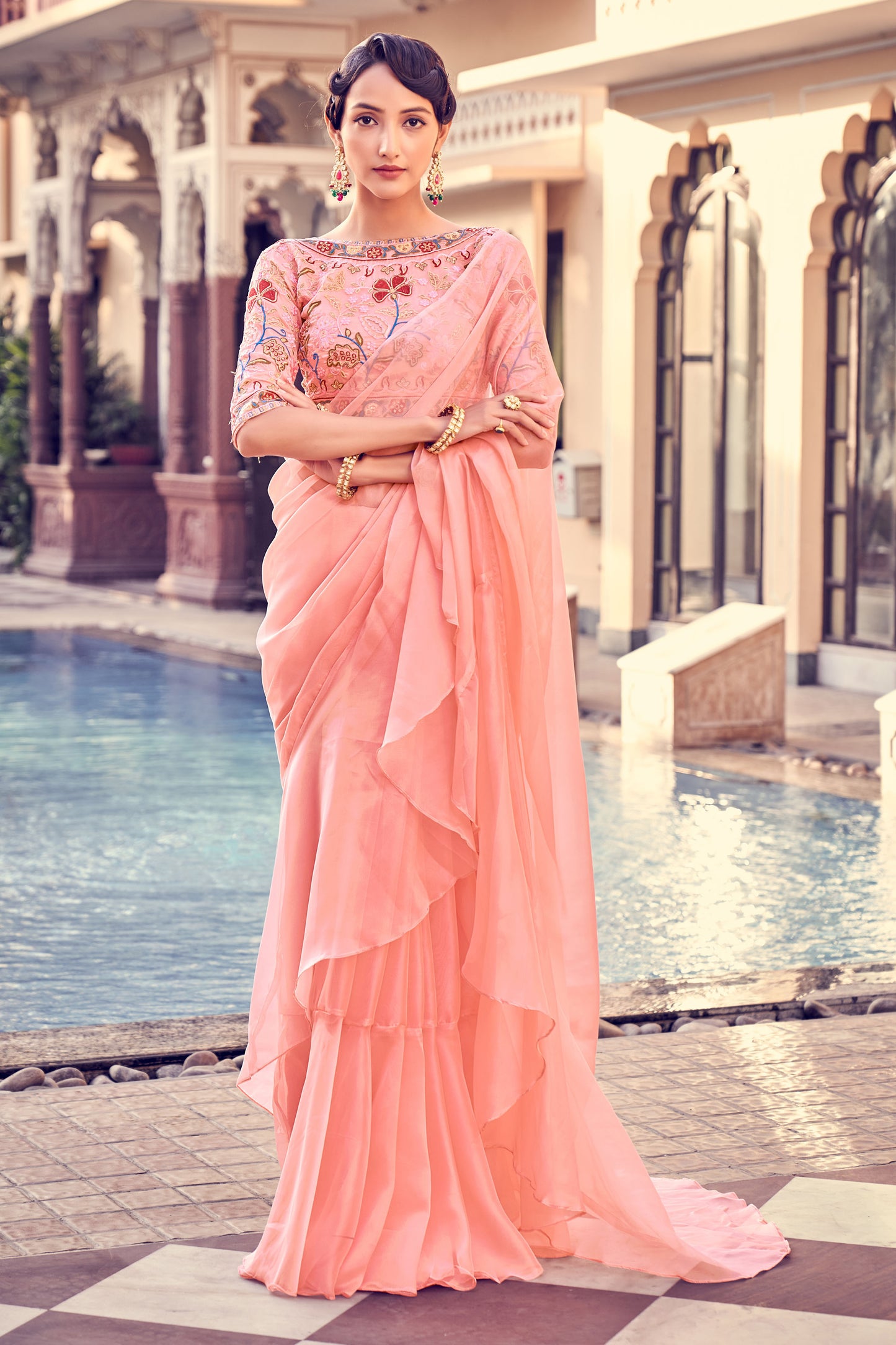 Peach Organza Saree with Thread, Zari & Dori Embroidery Work – Elegant Designer Party Wear