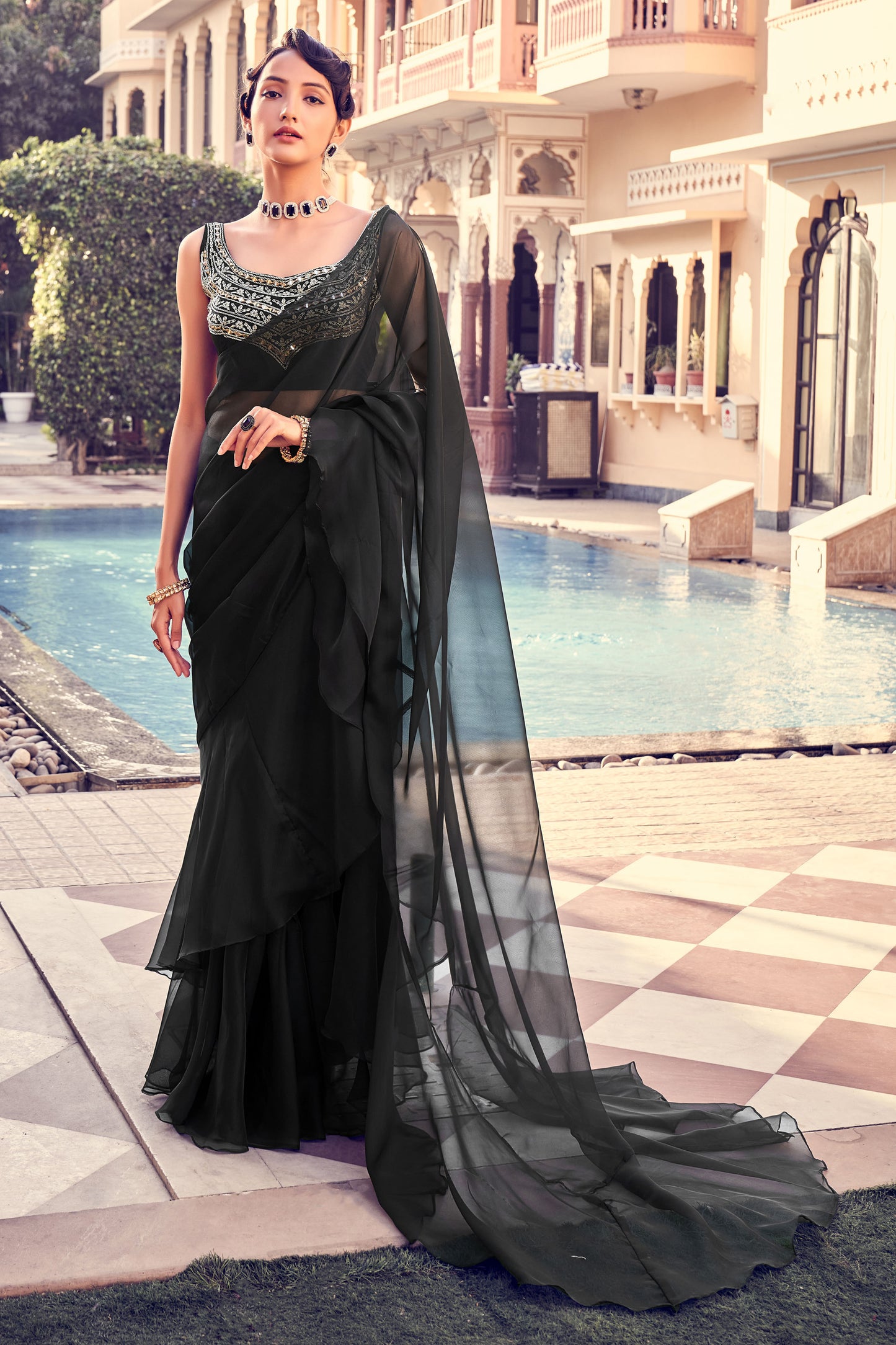 Black Georgette Saree with Thread & Sequins Embroidery Work – Designer Party Wear Saree