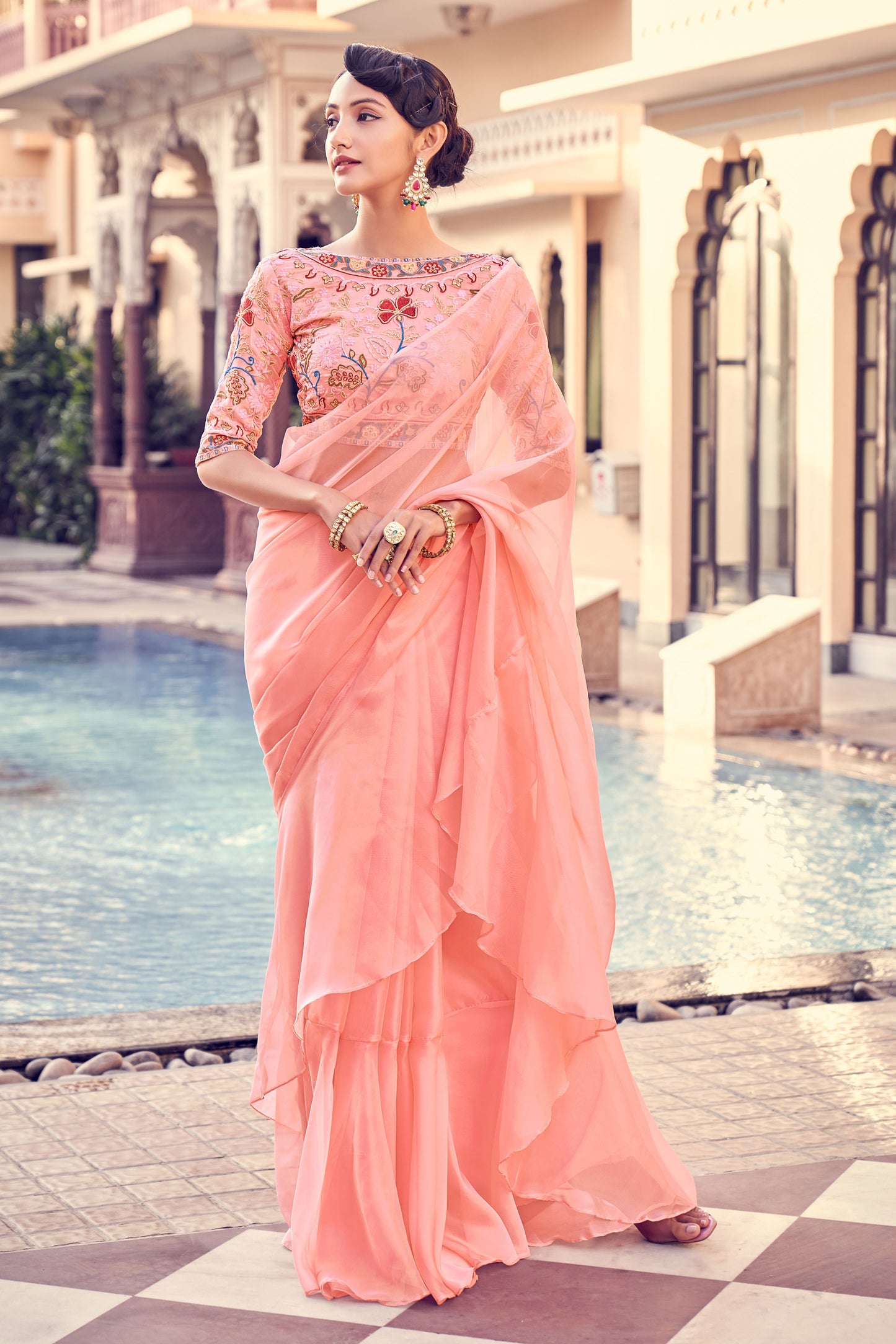 Peach Organza Saree with Thread, Zari & Dori Embroidery Work – Elegant Designer Party Wear