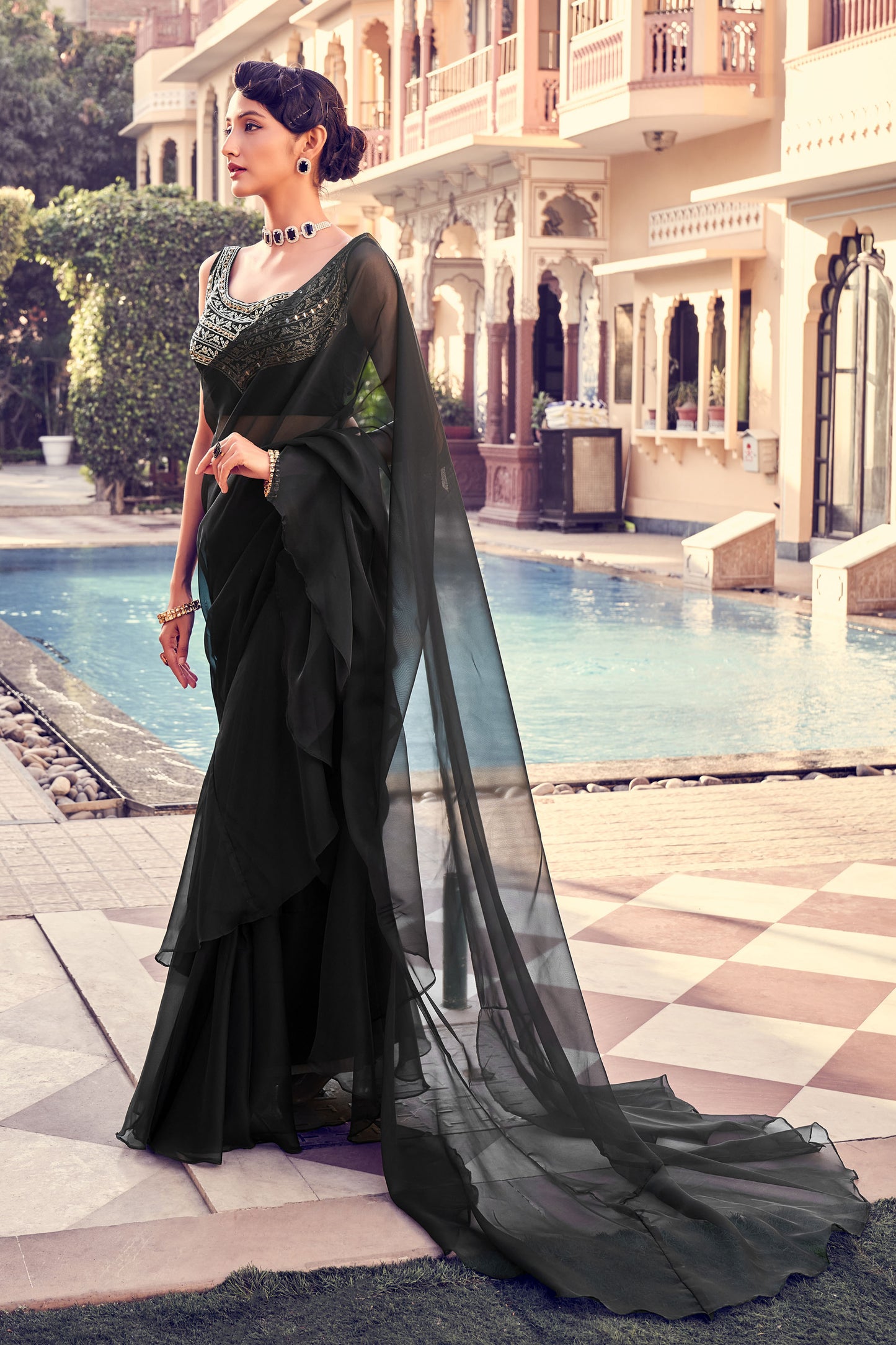 Black Georgette Saree with Thread & Sequins Embroidery Work – Designer Party Wear Saree