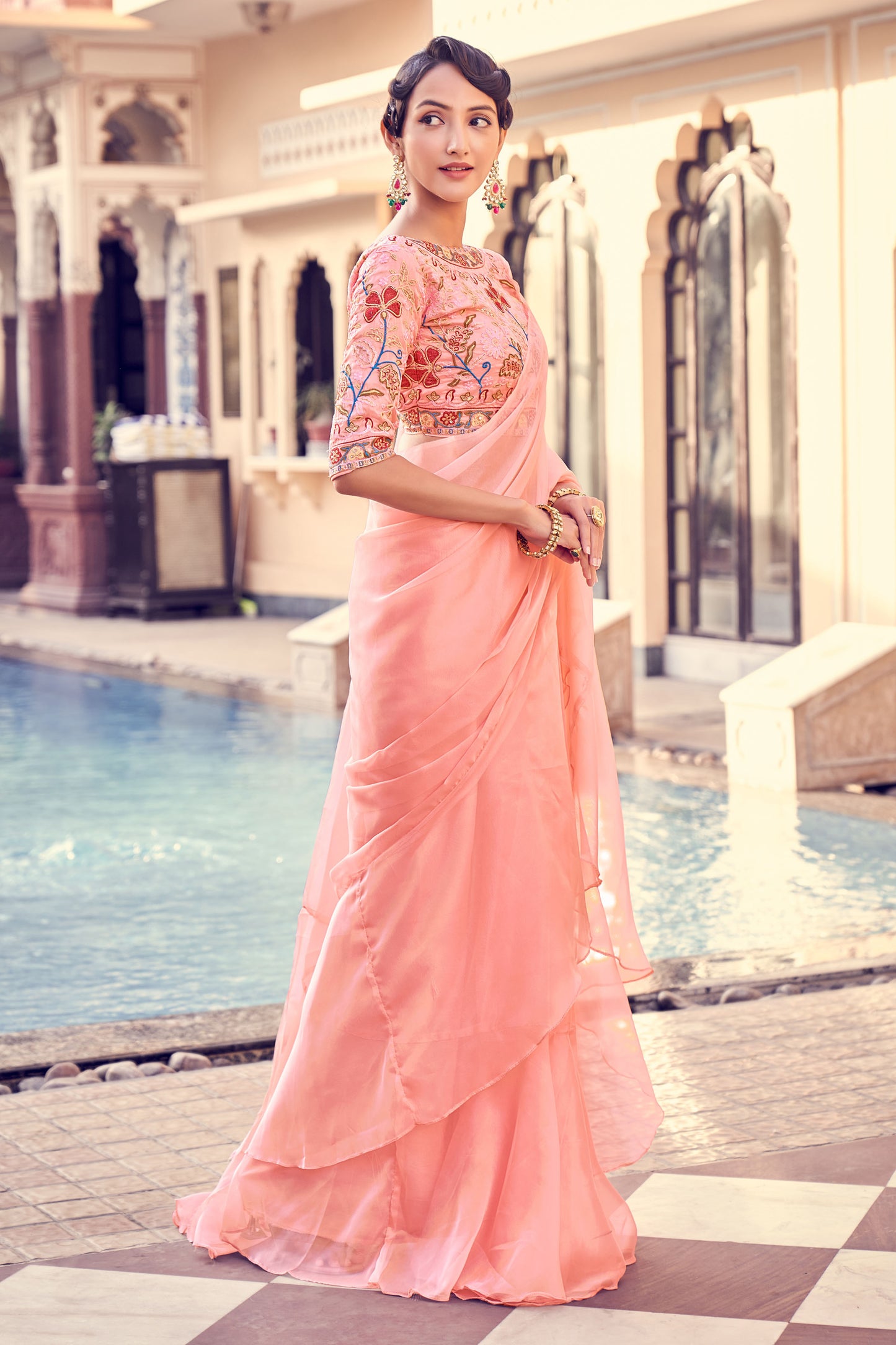 Peach Organza Saree with Thread, Zari & Dori Embroidery Work – Elegant Designer Party Wear
