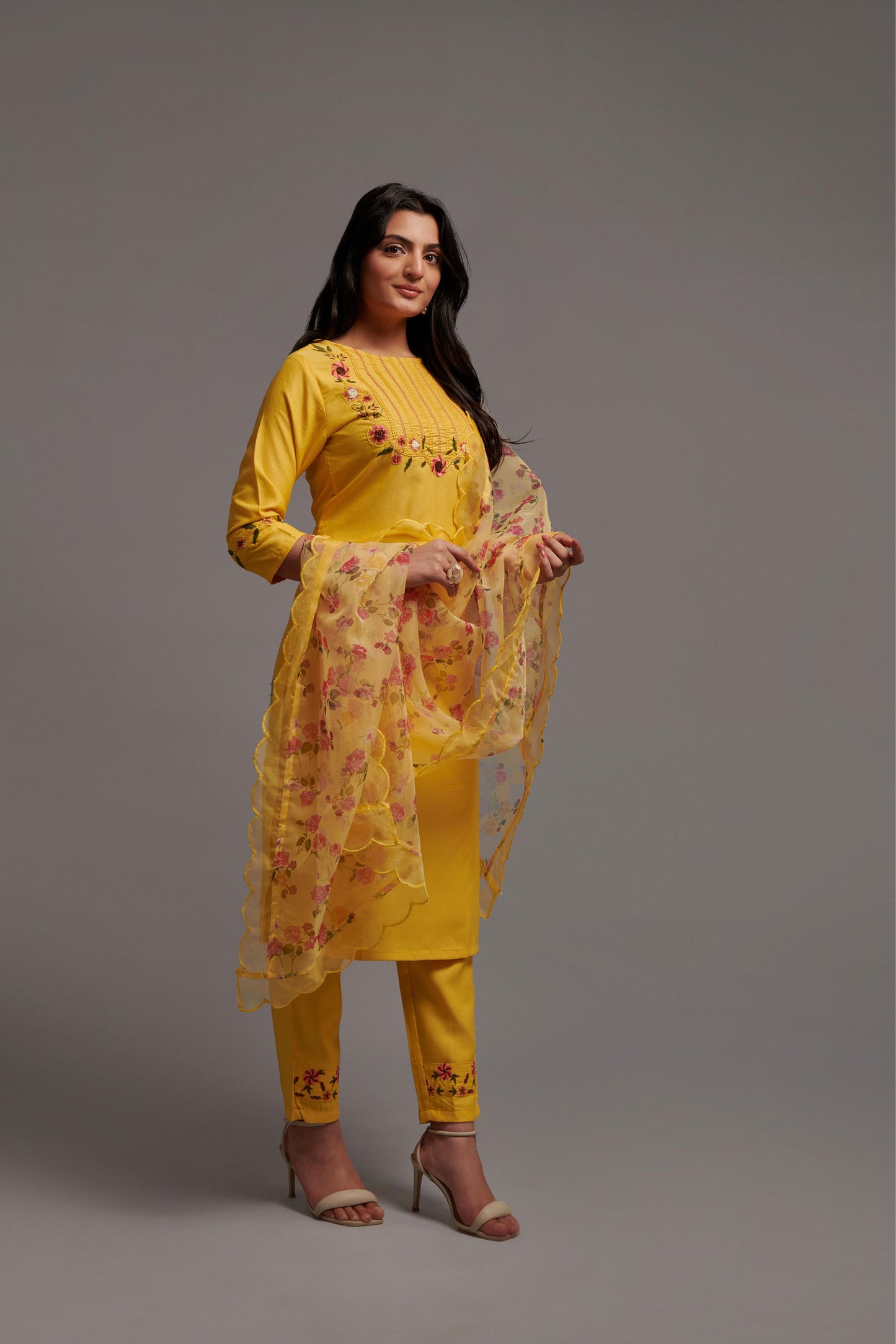 Women’s Yellow Rayon Kurti Set with Sequins Embroidery, Matching Bottom & Floral Dupatta – Festive Ethnic Suit