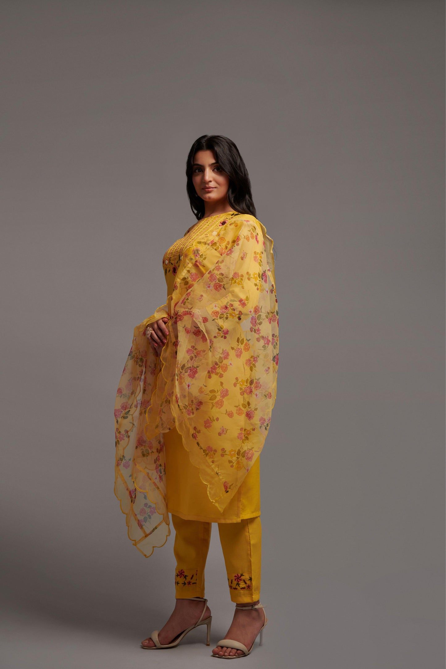 Women’s Yellow Rayon Kurti Set with Sequins Embroidery, Matching Bottom & Floral Dupatta – Festive Ethnic Suit