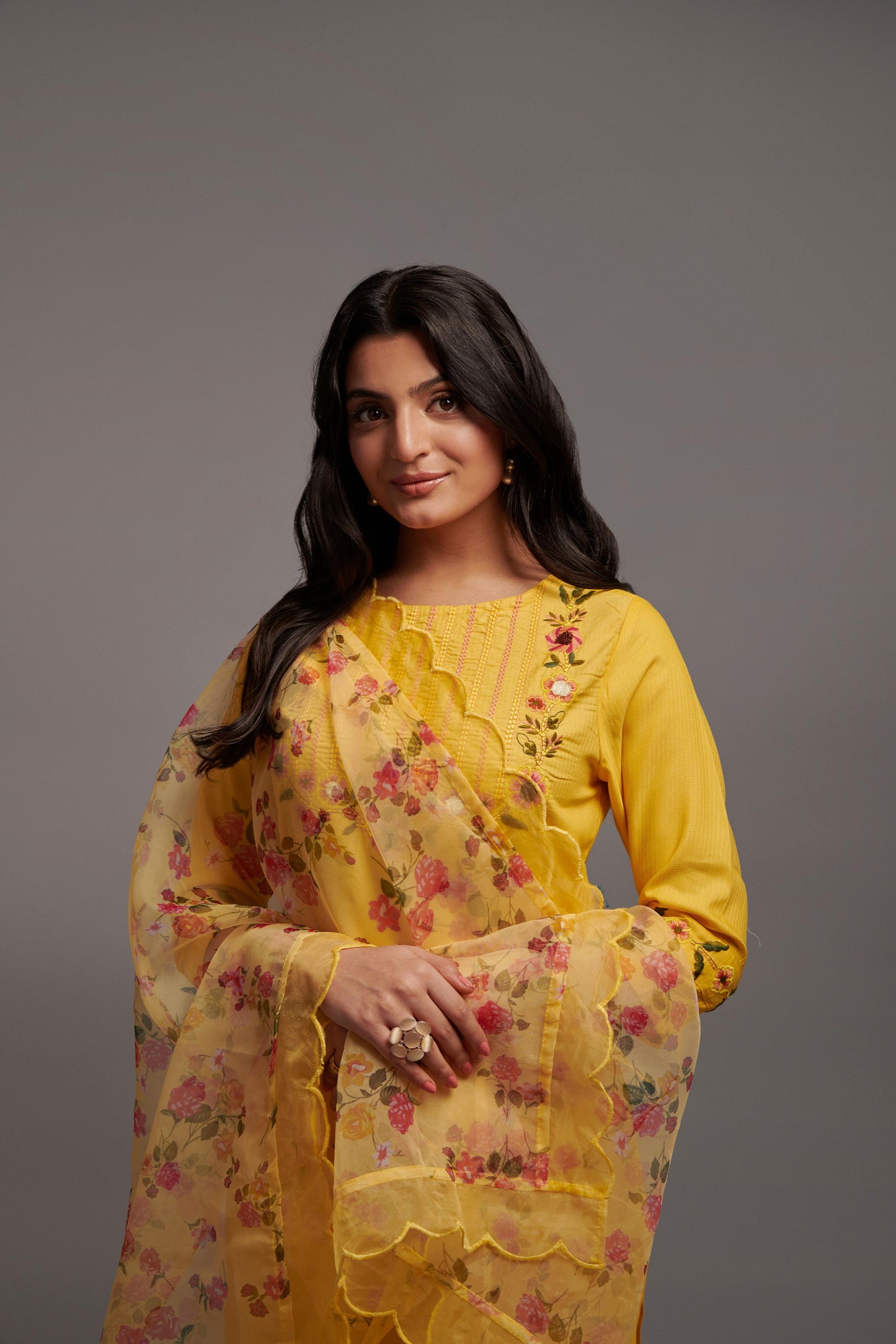 Women’s Yellow Rayon Kurti Set with Sequins Embroidery, Matching Bottom & Floral Dupatta – Festive Ethnic Suit
