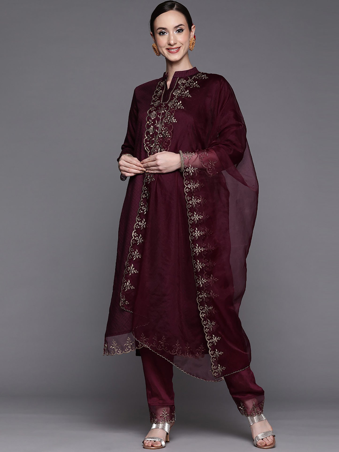 Women’s Wine Rayon Kurti Set with Embroidery Work, Matching Bottom & Pink Dupatta – Festive Ethnic Suit