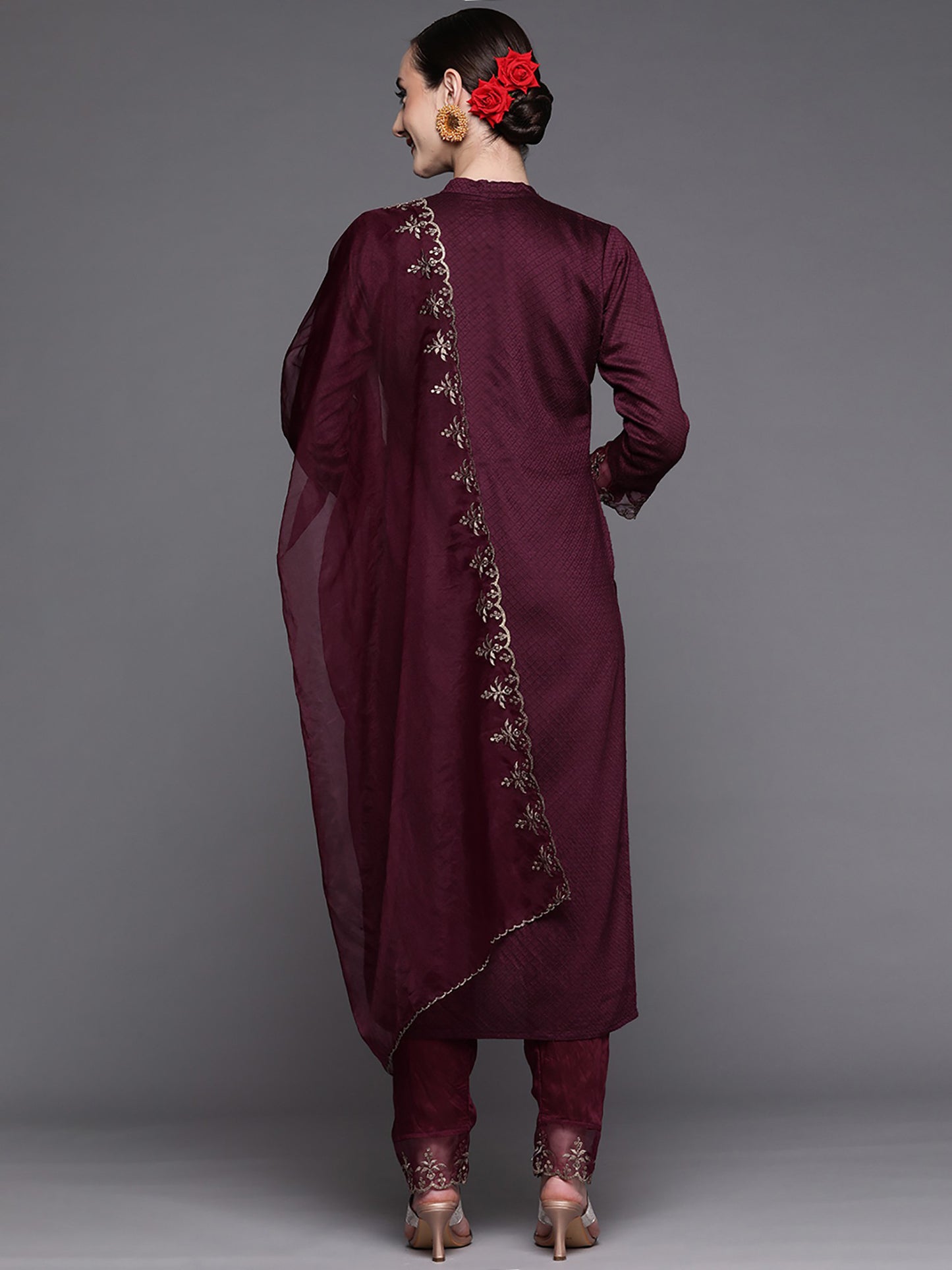 Women’s Wine Rayon Kurti Set with Embroidery Work, Matching Bottom & Pink Dupatta – Festive Ethnic Suit
