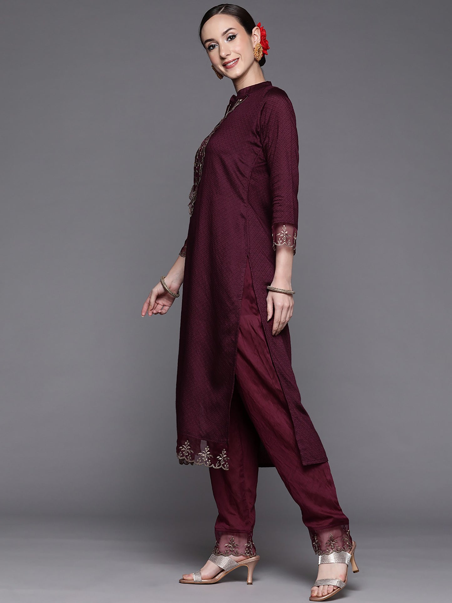 Women’s Wine Rayon Kurti Set with Embroidery Work, Matching Bottom & Pink Dupatta – Festive Ethnic Suit