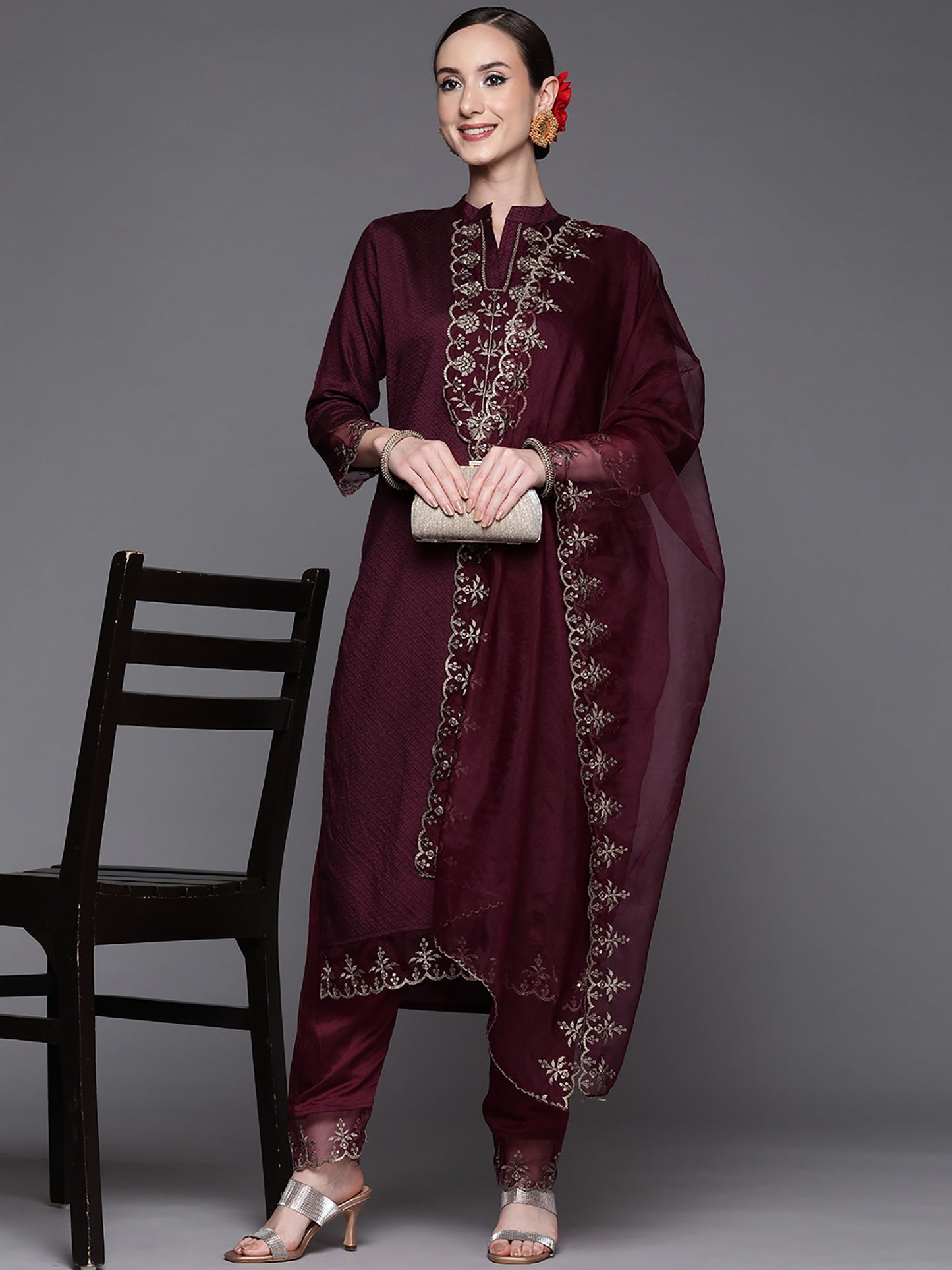 Women’s Wine Rayon Kurti Set with Embroidery Work, Matching Bottom & Pink Dupatta – Festive Ethnic Suit