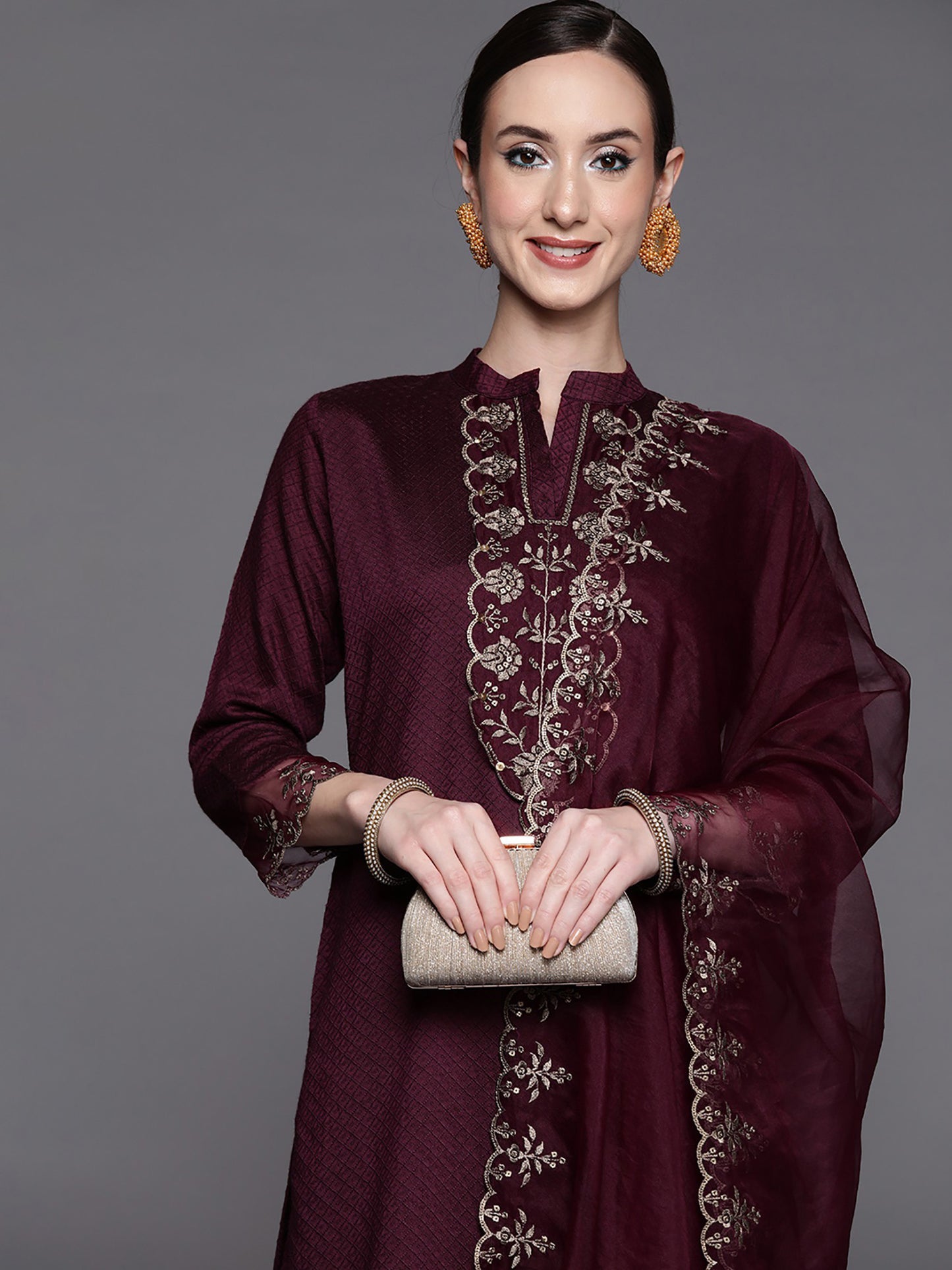 Women’s Wine Rayon Kurti Set with Embroidery Work, Matching Bottom & Pink Dupatta – Festive Ethnic Suit