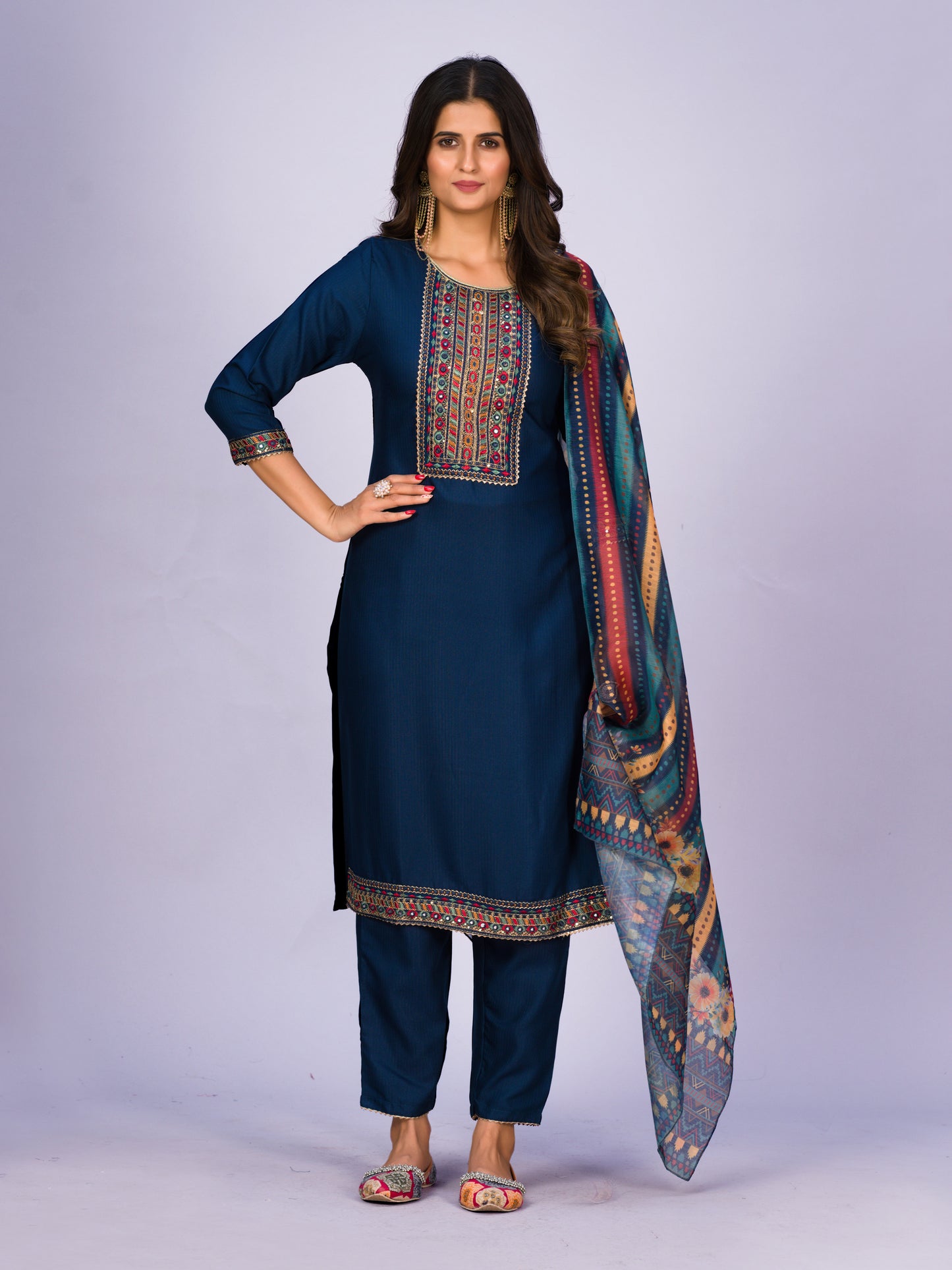 Blue Women’s Rayon Kurti Set with Sequins Embroidery Work, Stitched Bottom & Dupatta – Party & Festive Wear