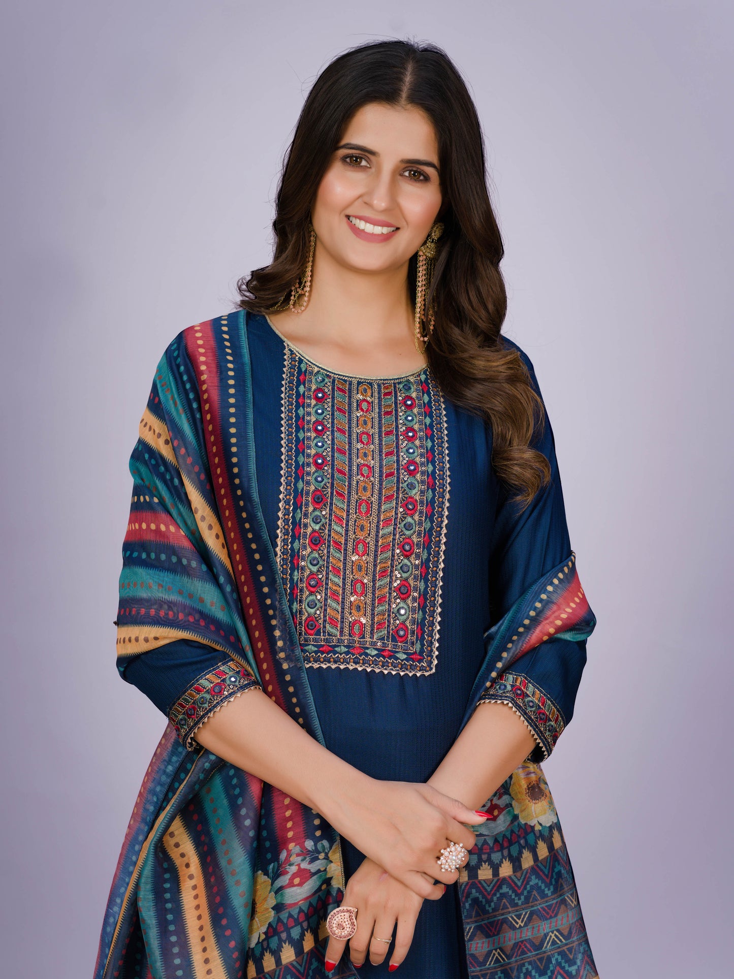 Blue Women’s Rayon Kurti Set with Sequins Embroidery Work, Stitched Bottom & Dupatta – Party & Festive Wear