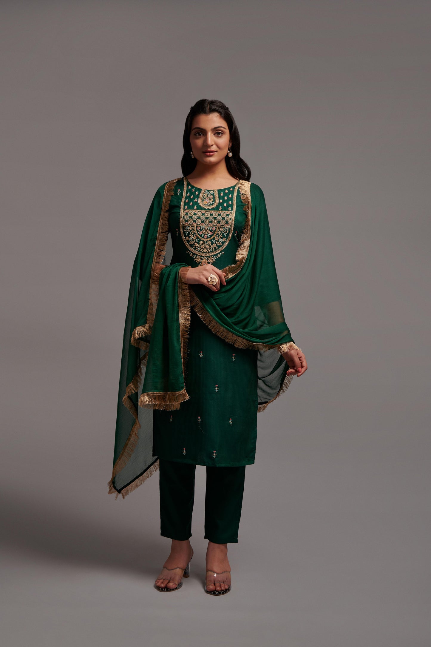 Green Women’s Rayon Kurti Set with Sequins Embroidery Work, Stitched Bottom & Dupatta – Party & Festive Wear