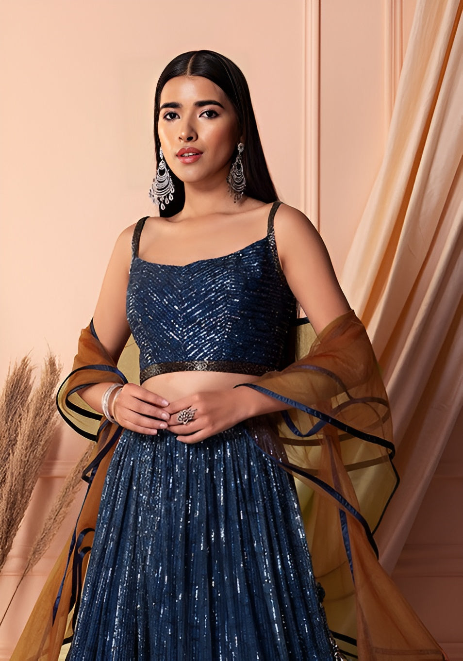 Elegant Navy Blue Soft Net Lehenga Choli with Sequins Work | Soft Net Blouse & Dupatta