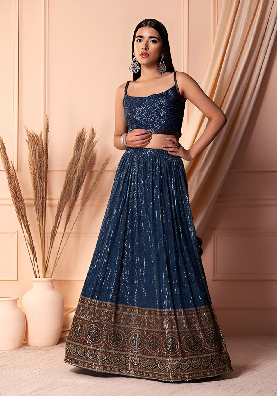 Elegant Navy Blue Soft Net Lehenga Choli with Sequins Work | Soft Net Blouse & Dupatta