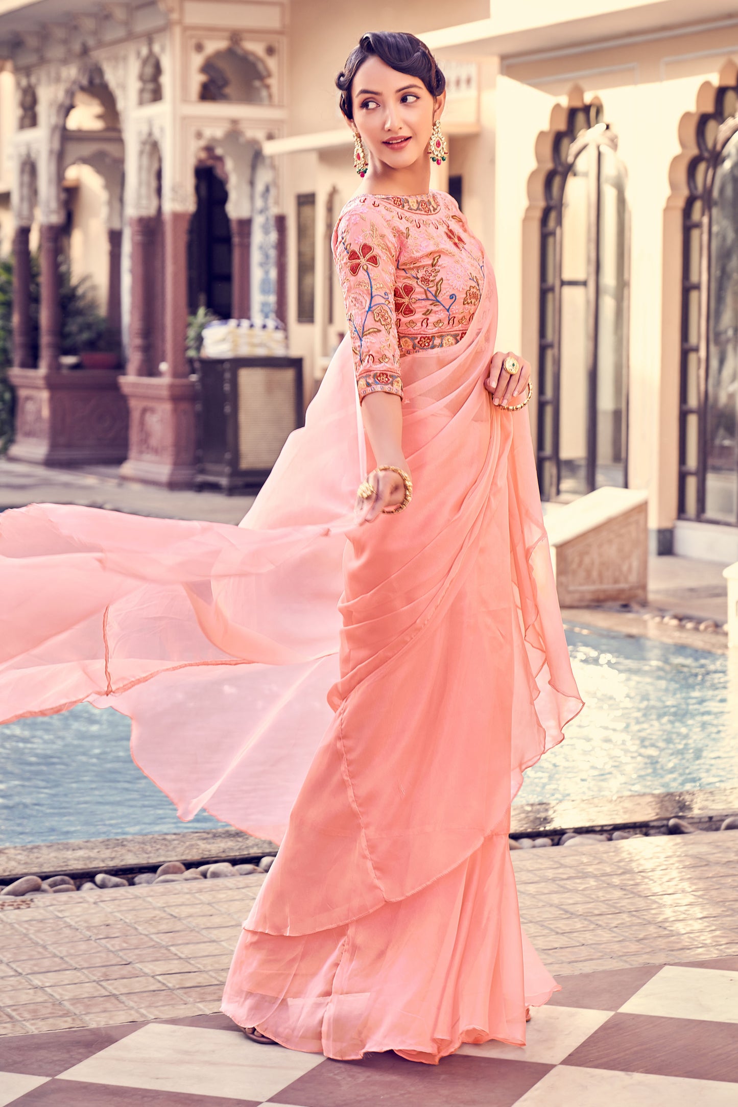 Peach Organza Saree with Thread, Zari & Dori Embroidery Work – Elegant Designer Party Wear