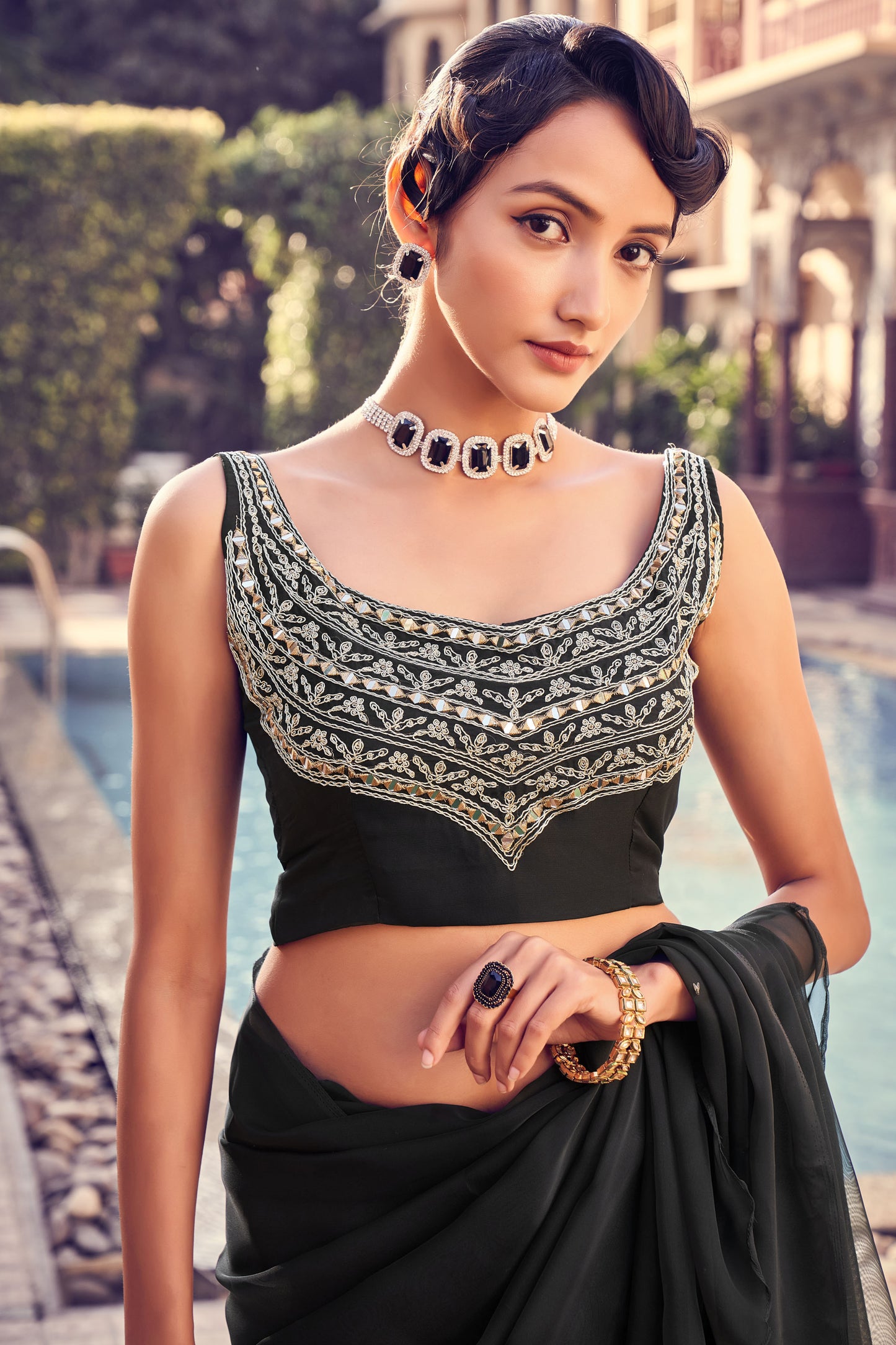 Black Georgette Saree with Thread & Sequins Embroidery Work – Designer Party Wear Saree