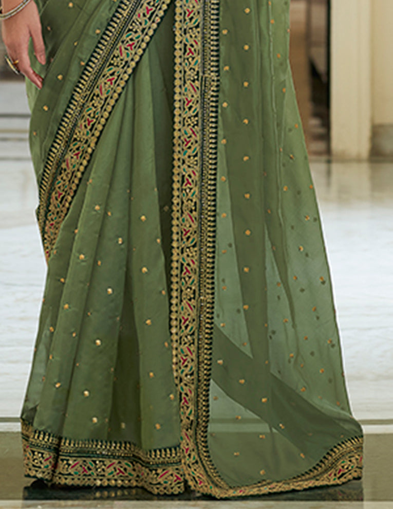 Green Organza Saree with Dori, Sequins & Zari Embroidery Work Paired with Art Silk Blouse – Designer Wedding & Festive Wear