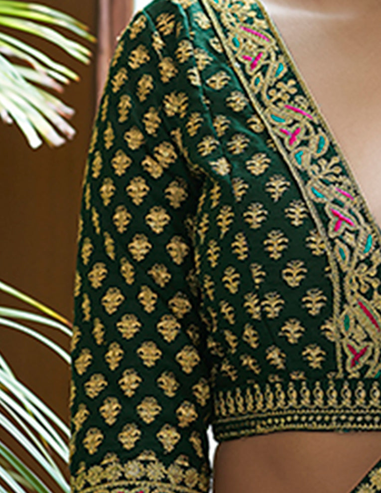 Green Organza Saree with Dori, Sequins & Zari Embroidery Work Paired with Art Silk Blouse – Designer Wedding & Festive Wear