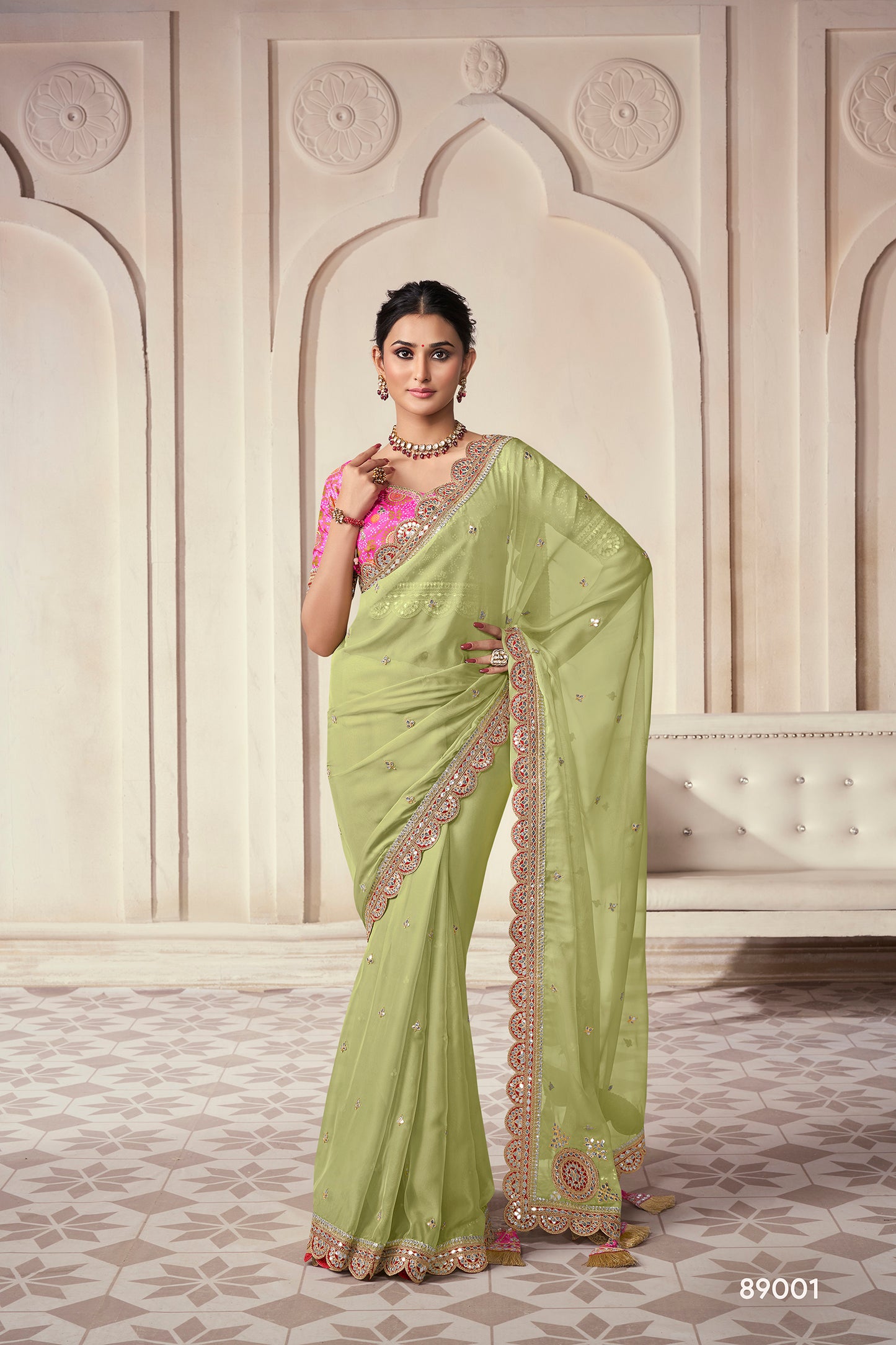 Pista Green Organza Saree with Thread, Sequins & Zari Work Paired with Art Silk Blouse – Elegant Wedding & Party Wear