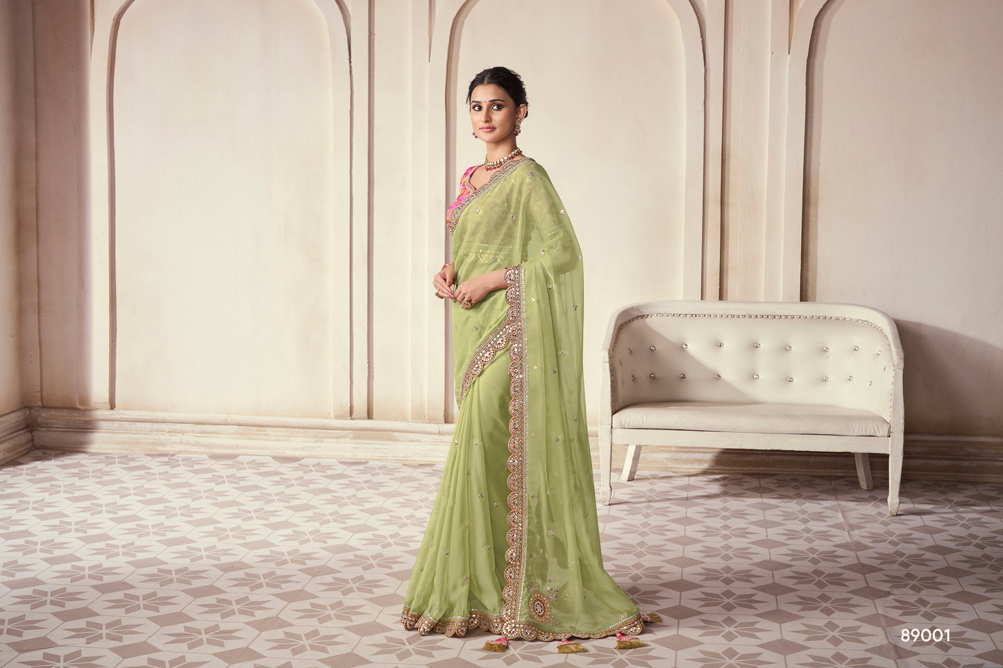 Pista Green Organza Saree with Thread, Sequins & Zari Work Paired with Art Silk Blouse – Elegant Wedding & Party Wear