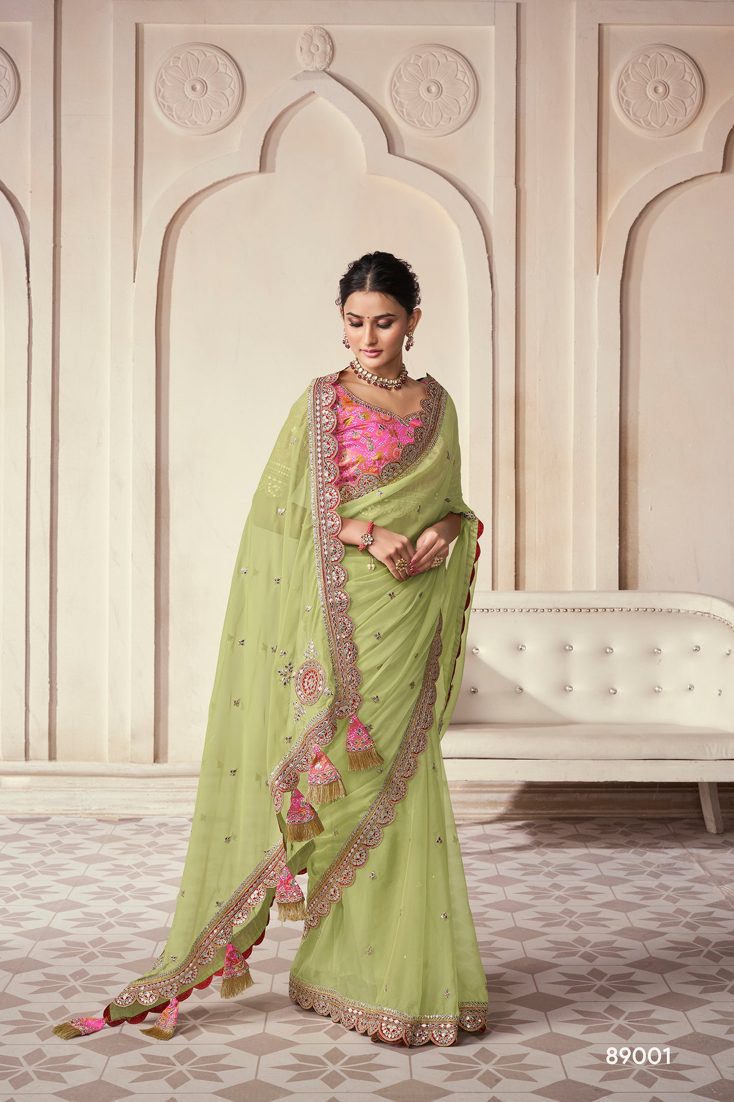 Pista Green Organza Saree with Thread, Sequins & Zari Work Paired with Art Silk Blouse – Elegant Wedding & Party Wear
