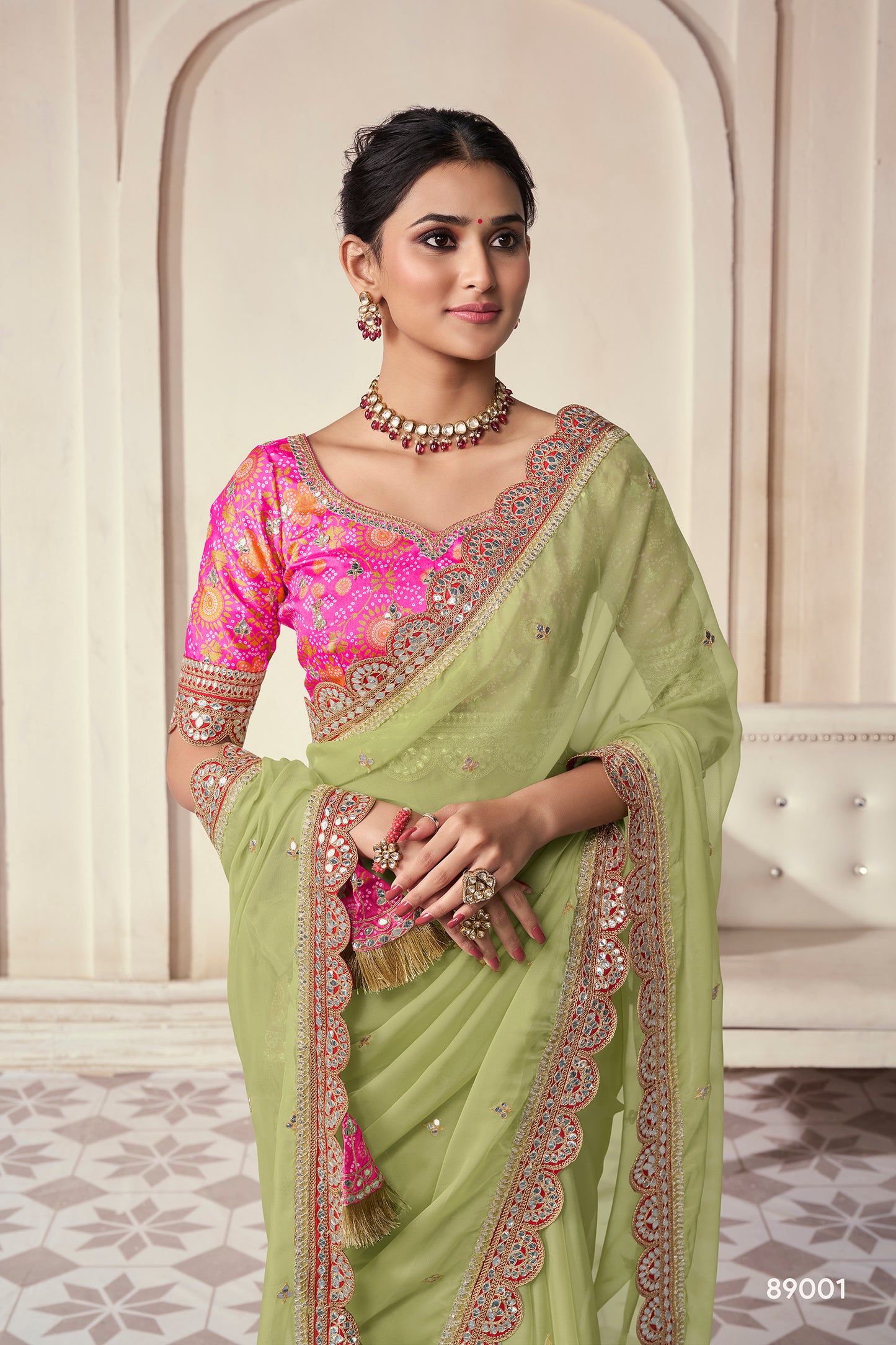 Pista Green Organza Saree with Thread, Sequins & Zari Work Paired with Art Silk Blouse – Elegant Wedding & Party Wear