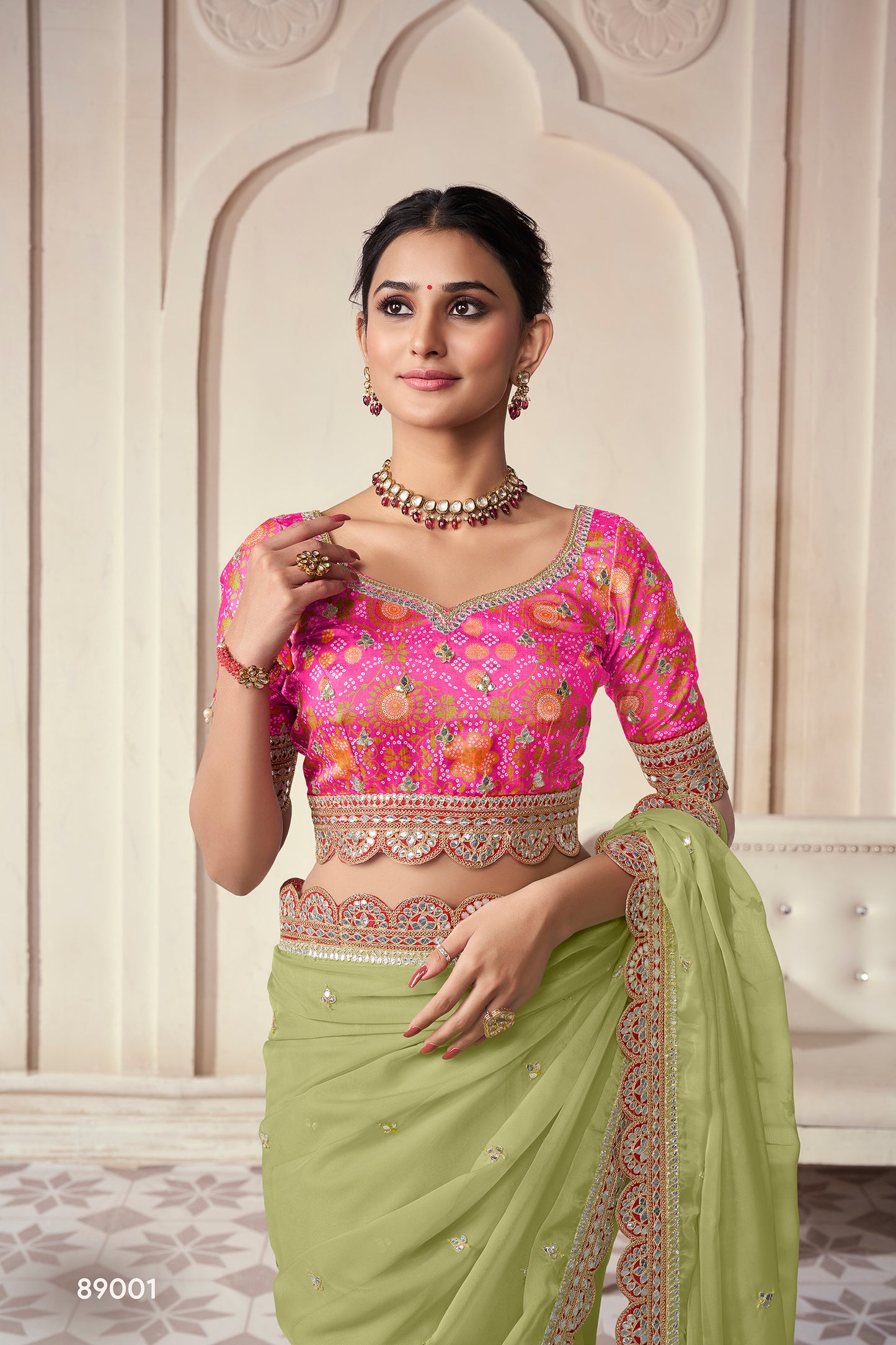 Pista Green Organza Saree with Thread, Sequins & Zari Work Paired with Art Silk Blouse – Elegant Wedding & Party Wear