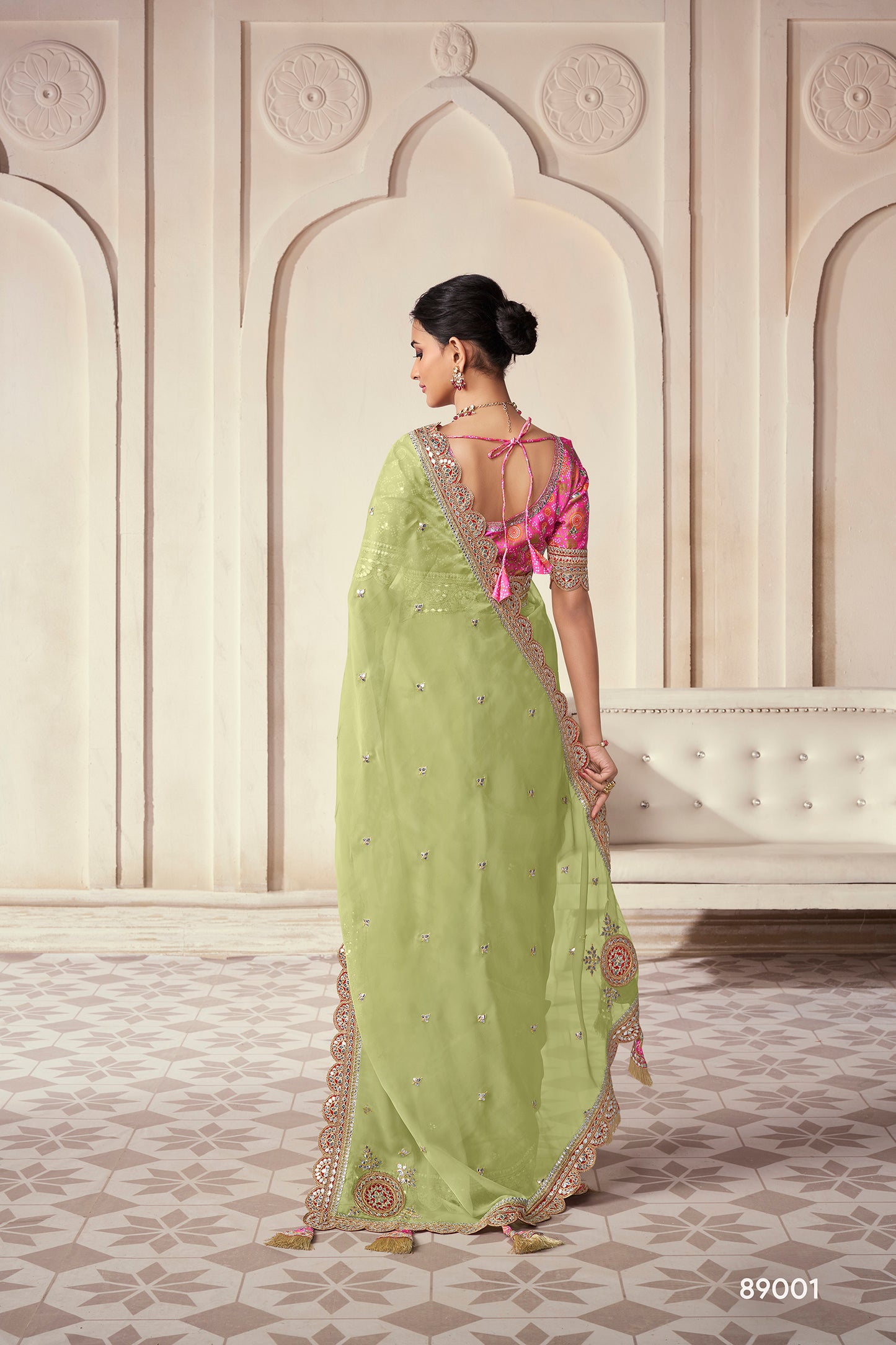 Pista Green Organza Saree with Thread, Sequins & Zari Work Paired with Art Silk Blouse – Elegant Wedding & Party Wear