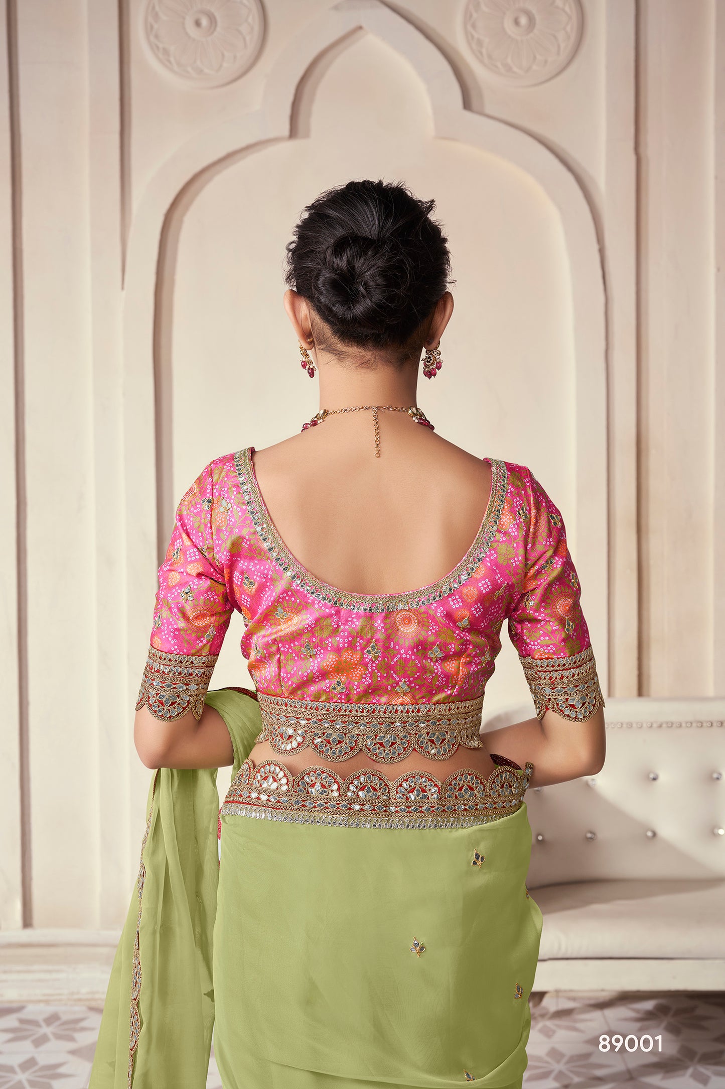 Pista Green Organza Saree with Thread, Sequins & Zari Work Paired with Art Silk Blouse – Elegant Wedding & Party Wear