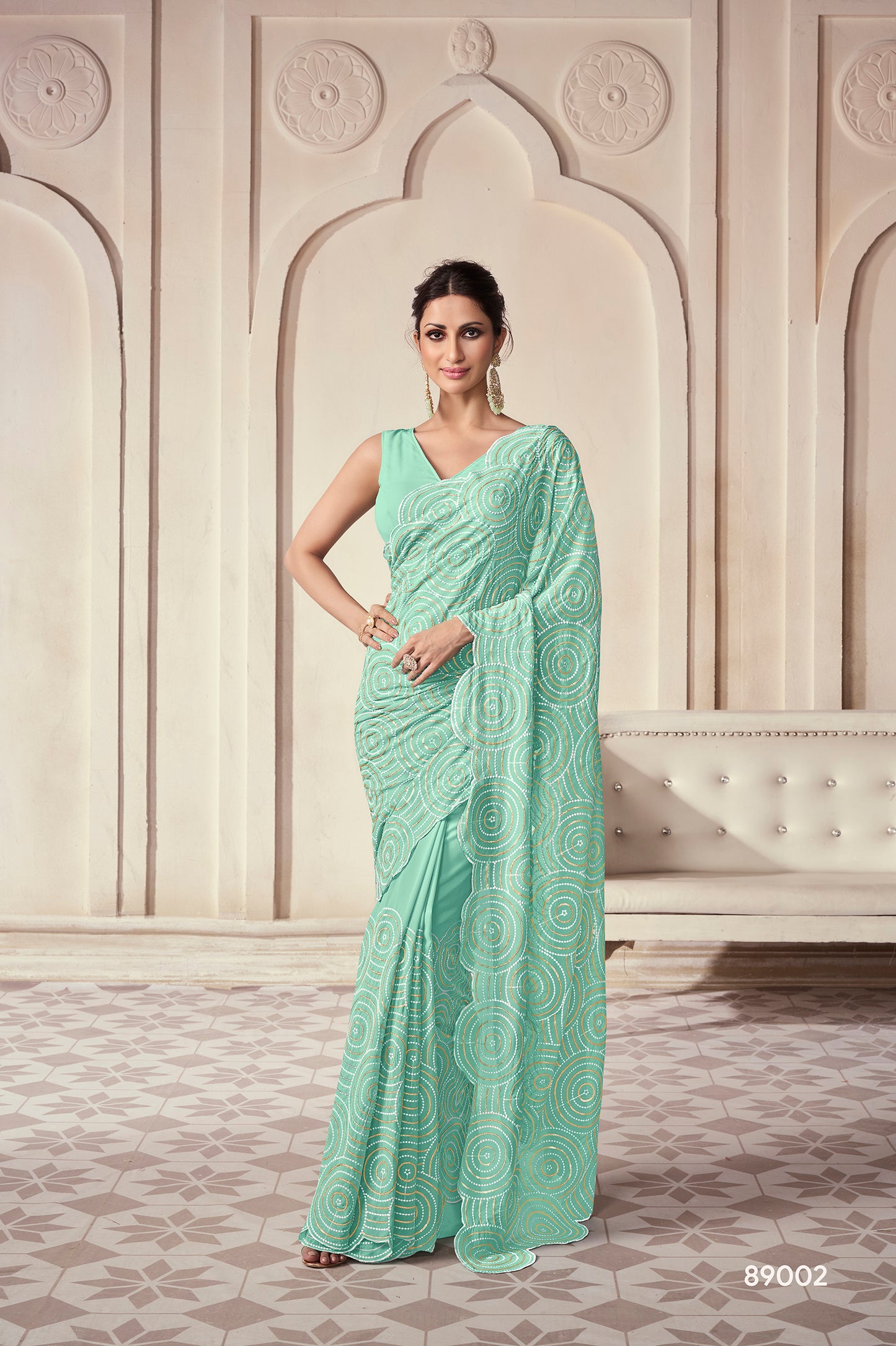 Mint Green Georgette Saree with Thread & Sequins Embroidery Work – Elegant Party Wear Saree