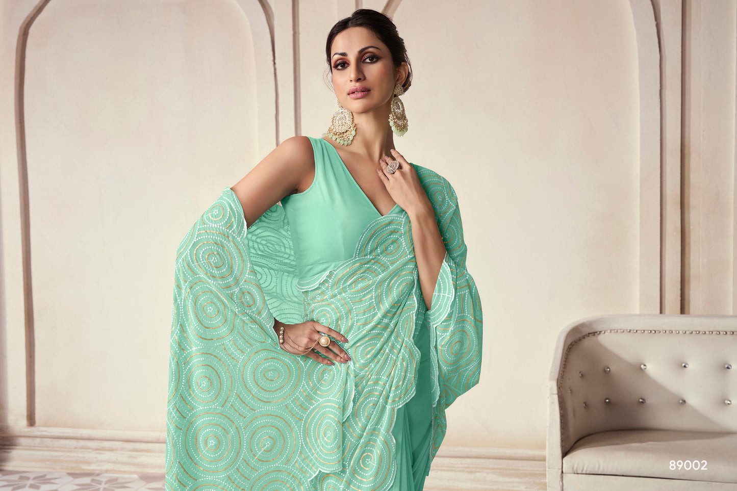 Mint Green Georgette Saree with Thread & Sequins Embroidery Work – Elegant Party Wear Saree