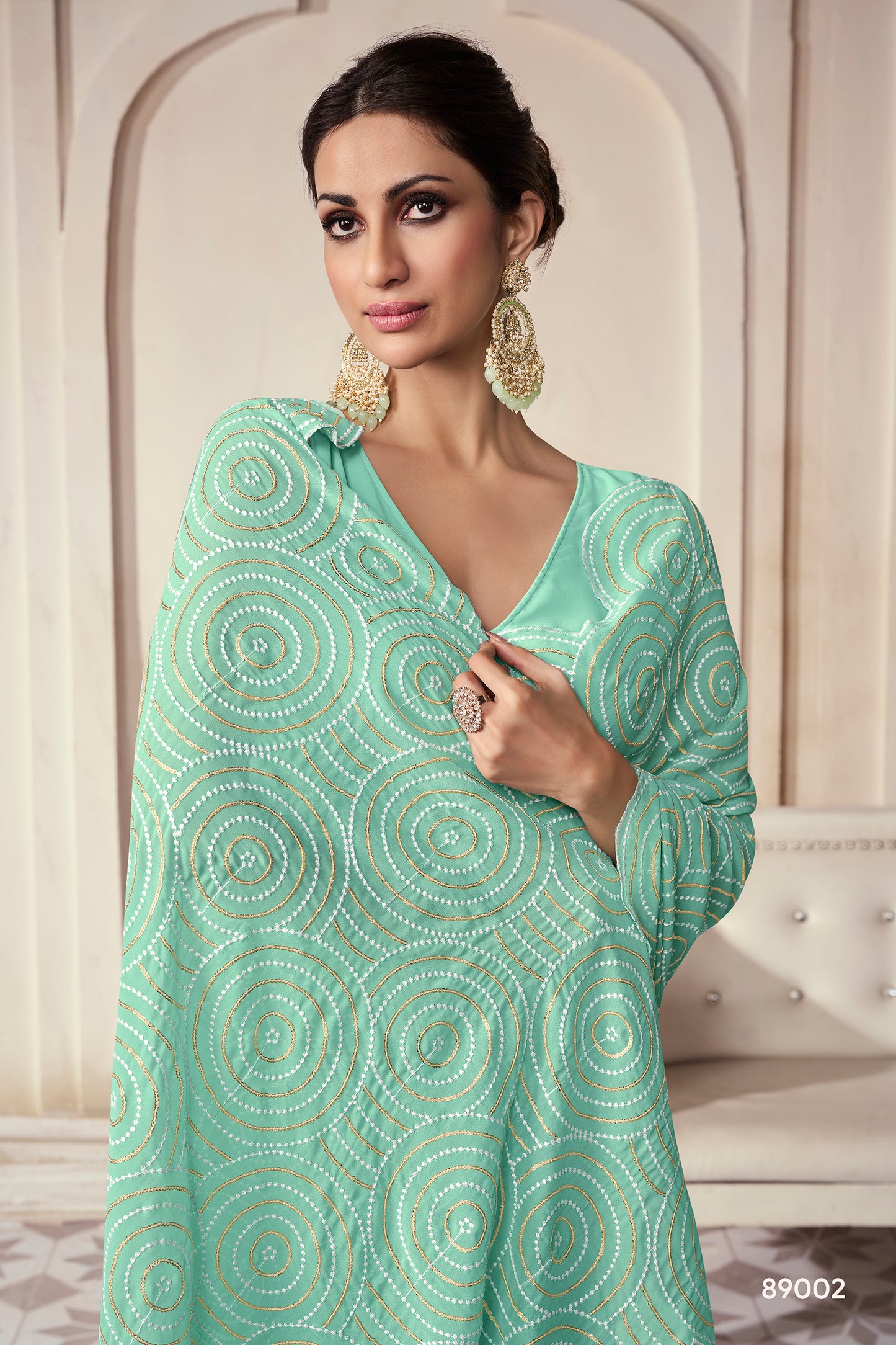 Mint Green Georgette Saree with Thread & Sequins Embroidery Work – Elegant Party Wear Saree