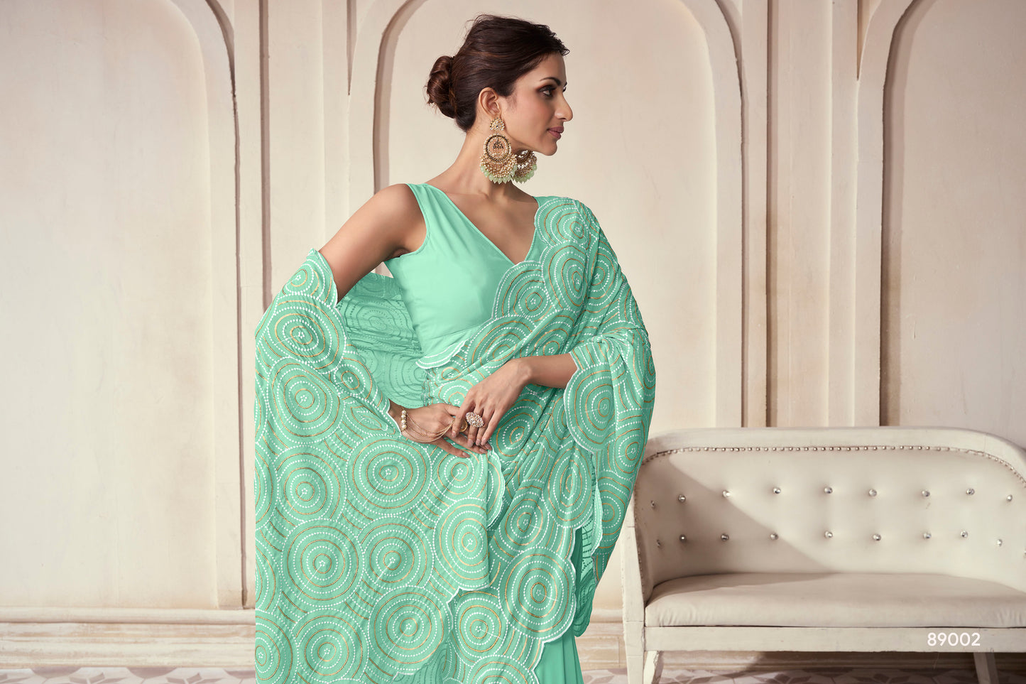 Mint Green Georgette Saree with Thread & Sequins Embroidery Work – Elegant Party Wear Saree