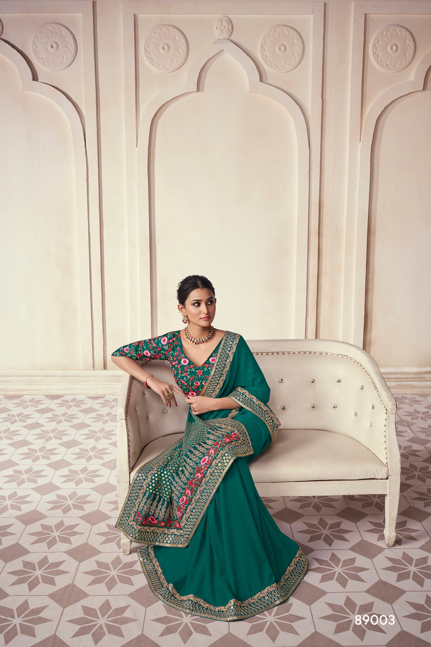 Green Organza Saree with Thread, Sequins & Zari Work Paired with Art Silk Blouse – Elegant Wedding & Party Wear