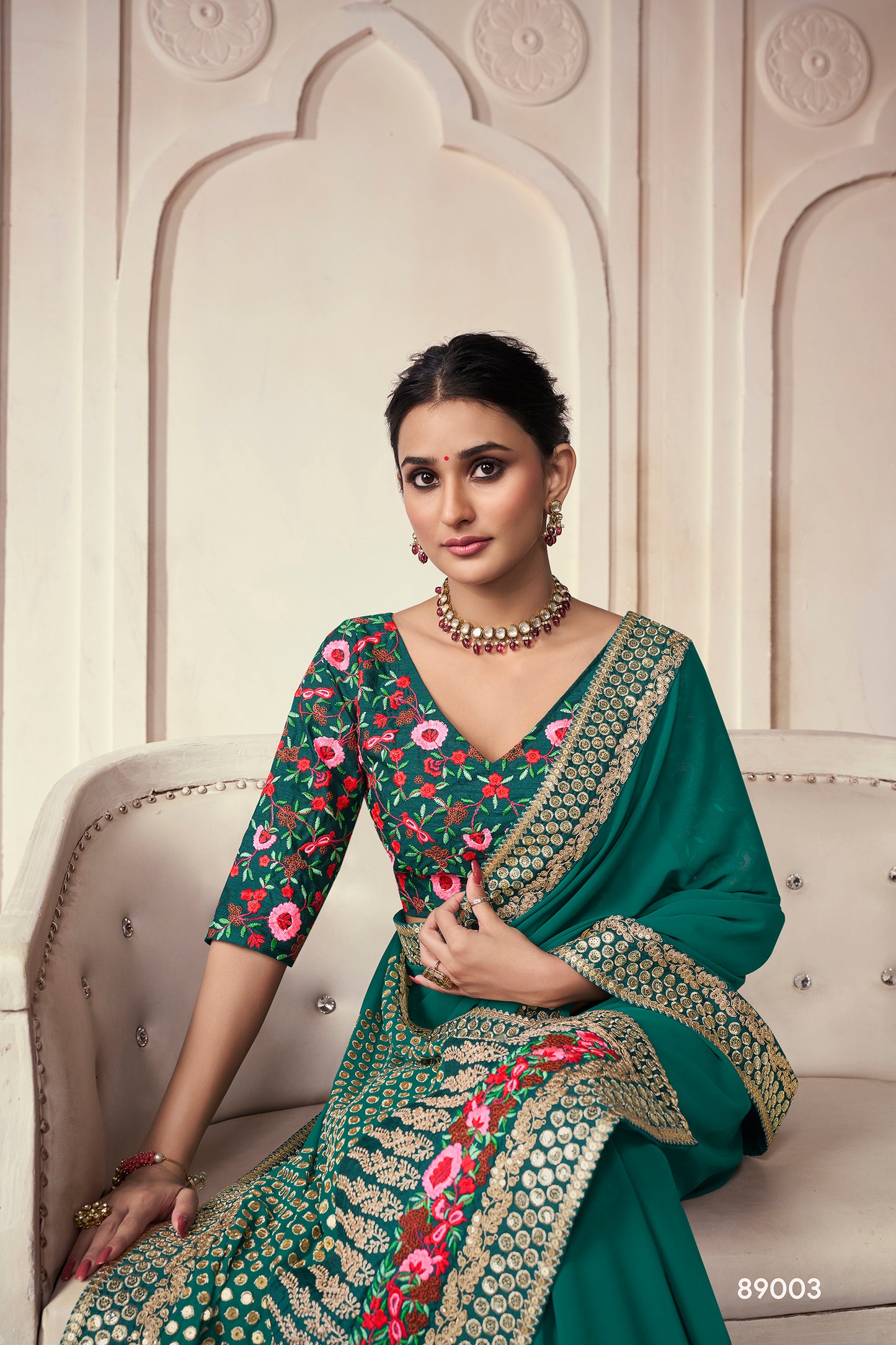 Green Organza Saree with Thread, Sequins & Zari Work Paired with Art Silk Blouse – Elegant Wedding & Party Wear