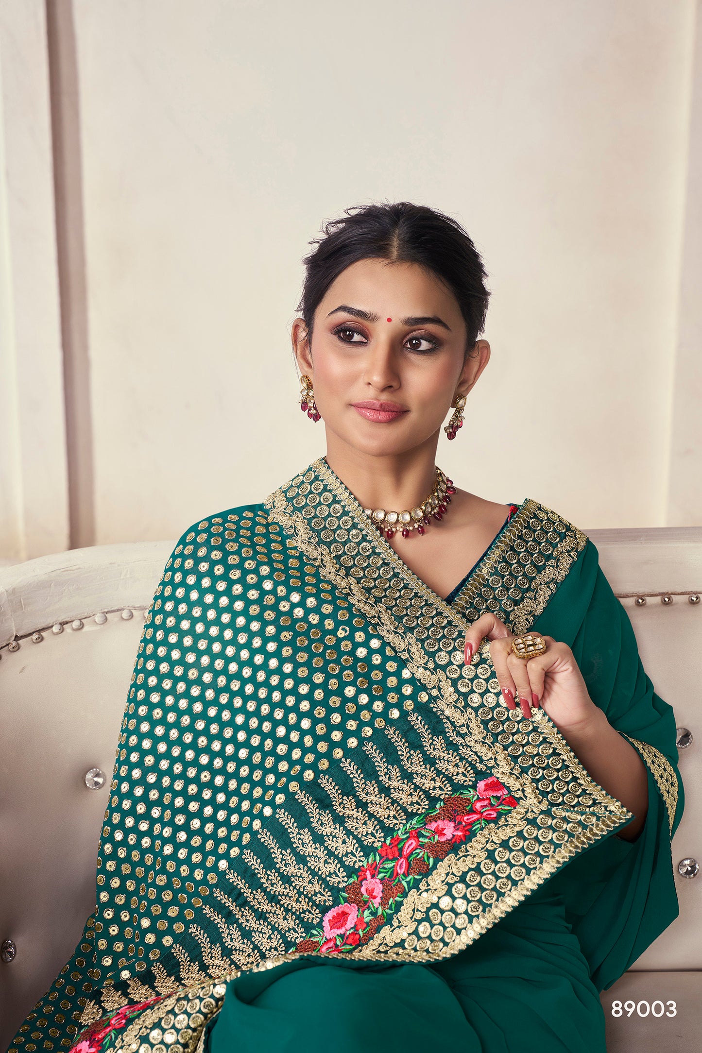 Green Organza Saree with Thread, Sequins & Zari Work Paired with Art Silk Blouse – Elegant Wedding & Party Wear