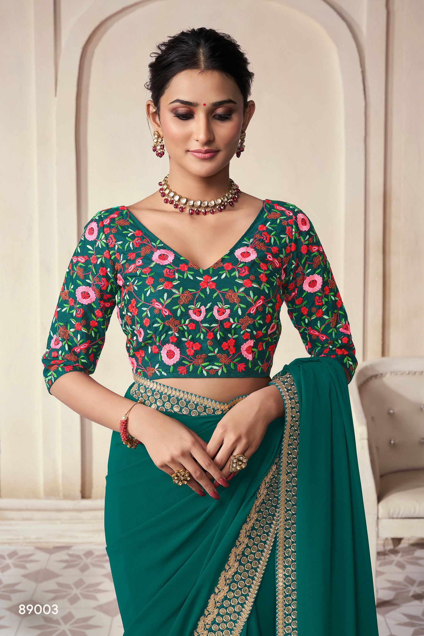 Green Organza Saree with Thread, Sequins & Zari Work Paired with Art Silk Blouse – Elegant Wedding & Party Wear
