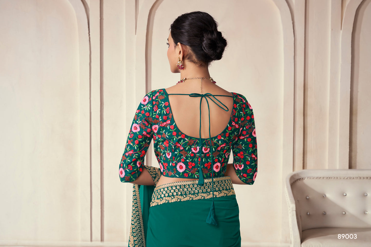 Green Organza Saree with Thread, Sequins & Zari Work Paired with Art Silk Blouse – Elegant Wedding & Party Wear