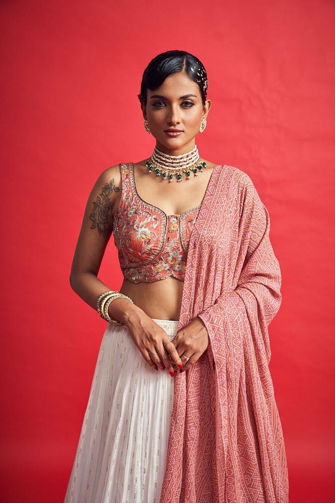 White Designer Georgette Lehenga Choli with Sequins & Thread Handwork | Art Silk Blouse & Georgette Dupatta