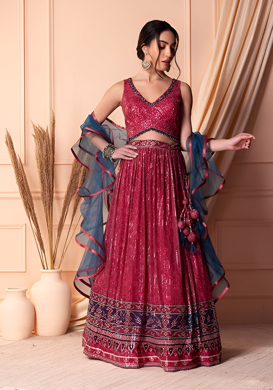 Designer Red Soft Net Lehenga Choli with Sequins & Handwork | Soft Net Blouse & Dupatta