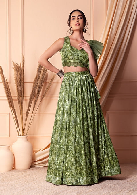 Designer Green Soft Net Lehenga Choli with Sequins & Handwork | Soft Net Blouse & Dupatta