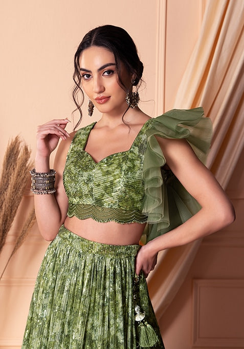 Designer Green Soft Net Lehenga Choli with Sequins & Handwork | Soft Net Blouse & Dupatta