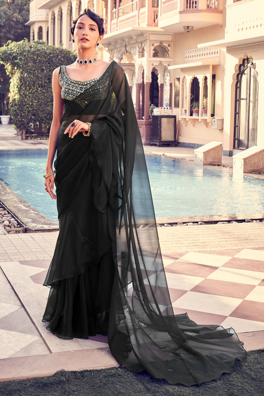 Black Georgette Saree with Thread & Sequins Embroidery Work – Designer Party Wear Saree
