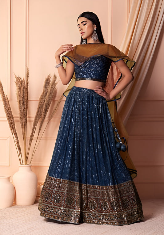 Elegant Navy Blue Soft Net Lehenga Choli with Sequins Work | Soft Net Blouse & Dupatta