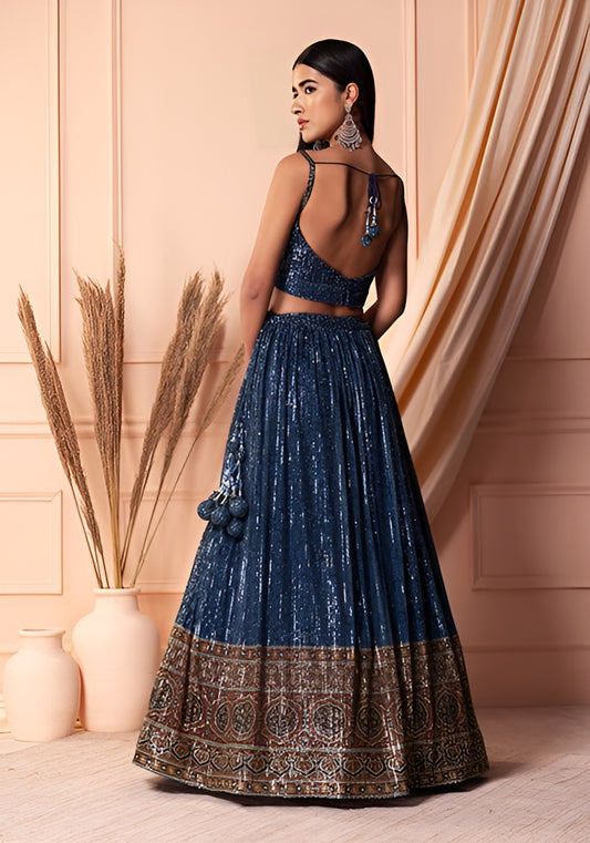 Elegant Navy Blue Soft Net Lehenga Choli with Sequins Work | Soft Net Blouse & Dupatta