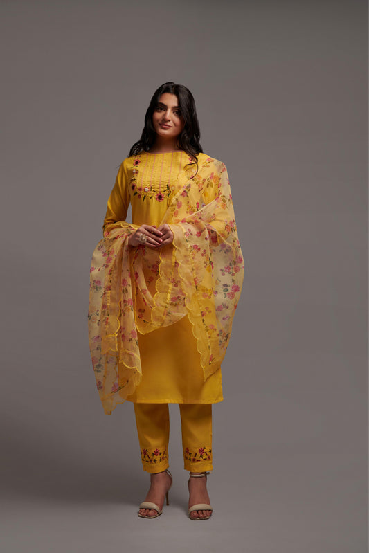 Women’s Yellow Rayon Kurti Set with Sequins Embroidery, Matching Bottom & Floral Dupatta – Festive Ethnic Suit
