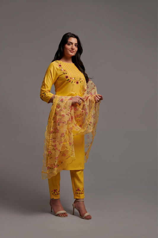 Women’s Yellow Rayon Kurti Set with Sequins Embroidery, Matching Bottom & Floral Dupatta – Festive Ethnic Suit