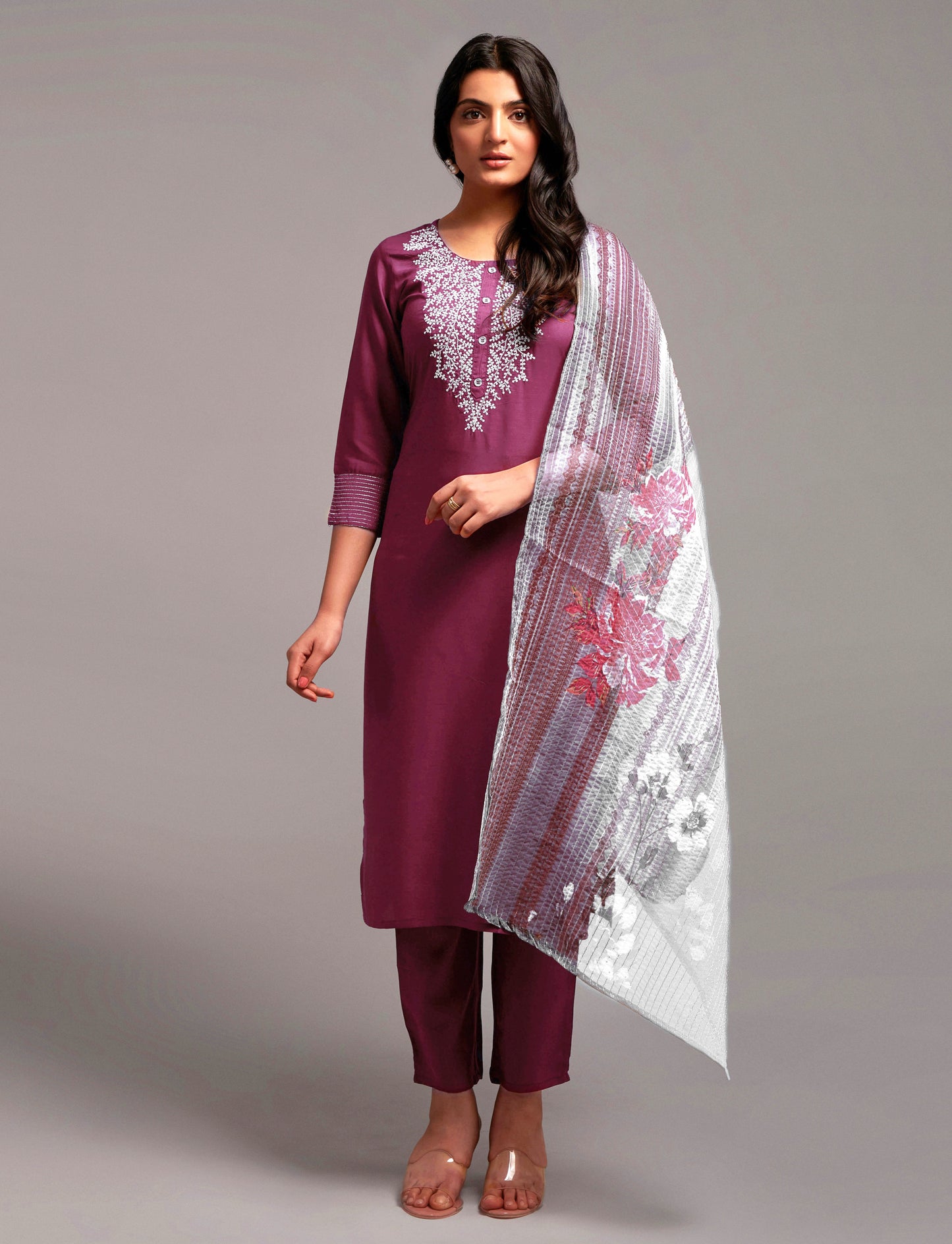 Women’s Wine Silk Blend Kurti Set with Embroidery Work, Matching Bottom & Dupatta – Elegant Ethnic Suit