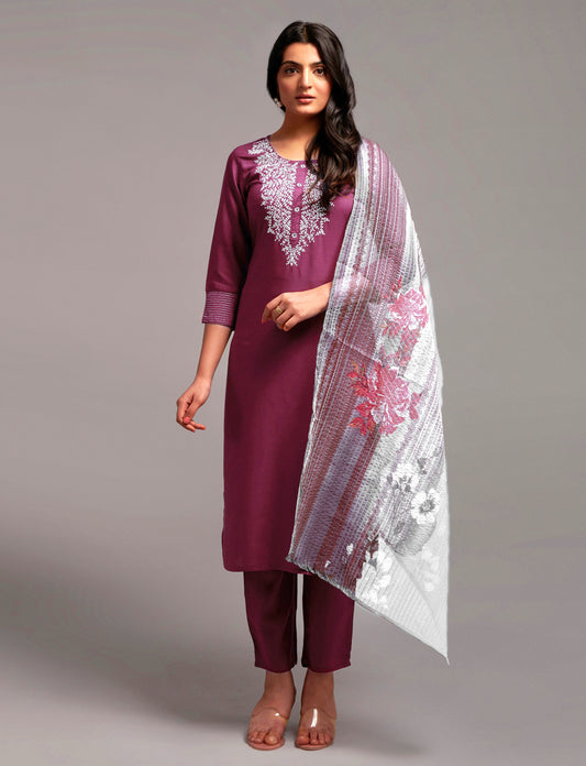 Women’s Wine Silk Blend Kurti Set with Embroidery Work, Matching Bottom & Dupatta – Elegant Ethnic Suit