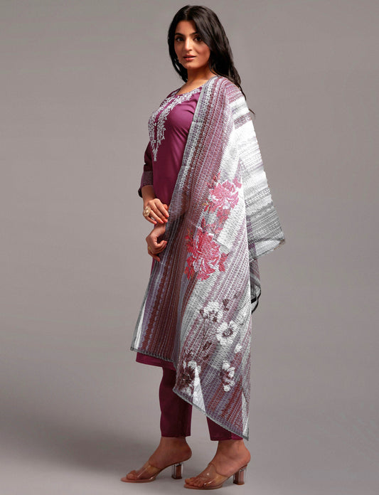 Women’s Wine Silk Blend Kurti Set with Embroidery Work, Matching Bottom & Dupatta – Elegant Ethnic Suit
